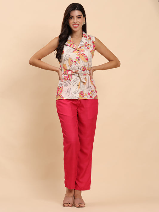 Noia Yellow & Multi Abstract Floral Shawl Collared Top with Trousers