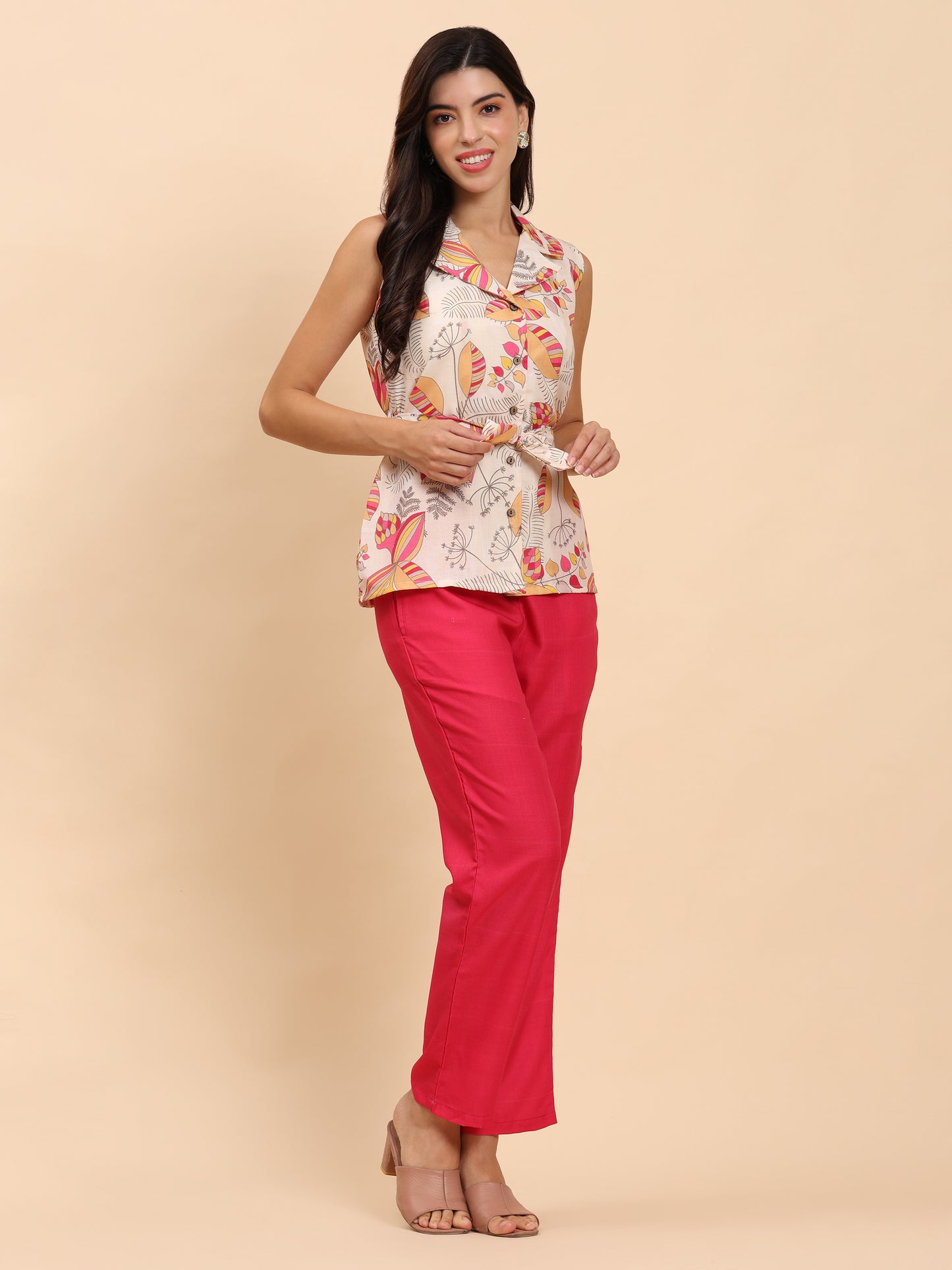 Noia Yellow & Multi Abstract Floral Shawl Collared Top with Trousers