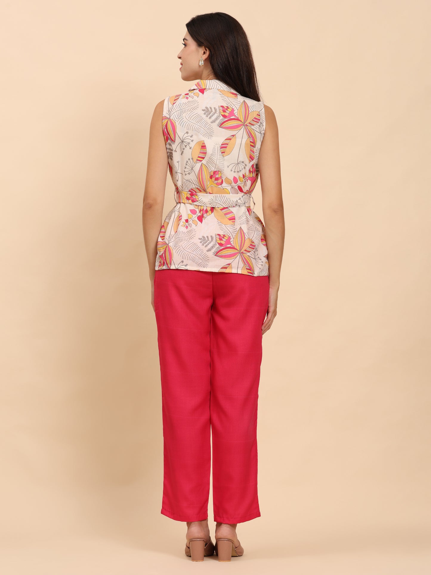 Noia Yellow & Multi Abstract Floral Shawl Collared Top with Trousers