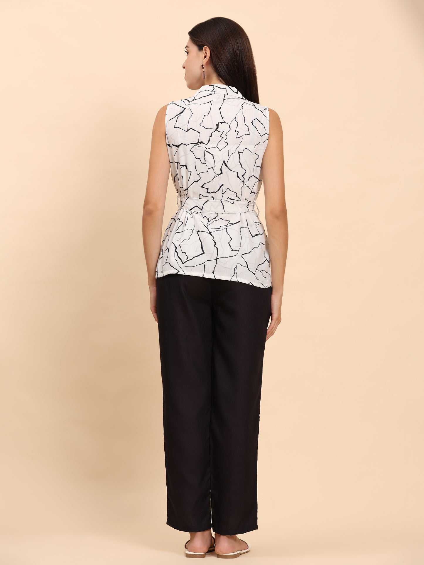 Noia White & Black Abstract Shawl Collared Top with Trousers