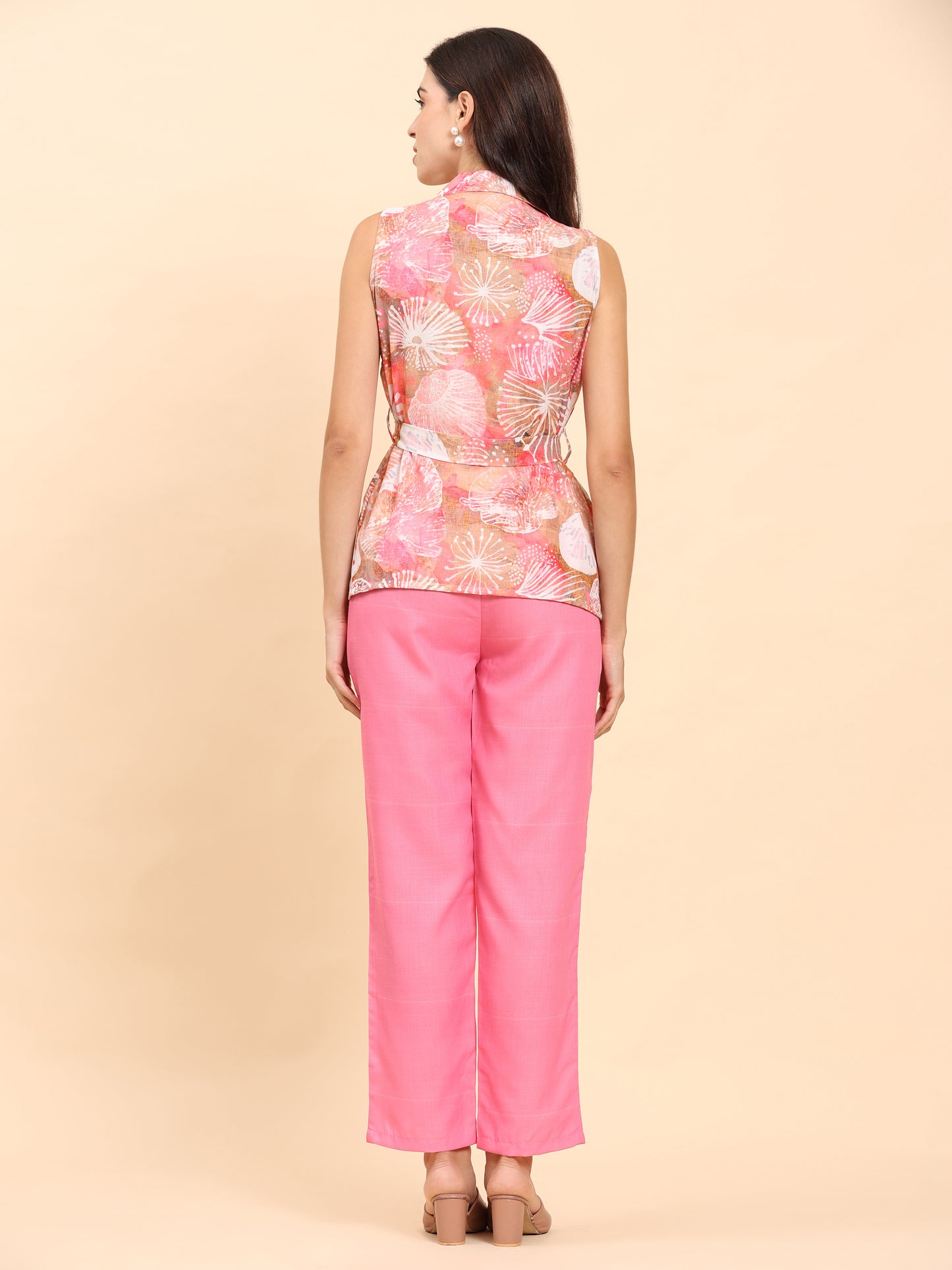 Noia Pink Multi Abstract Shawl Collared Top with Trousers