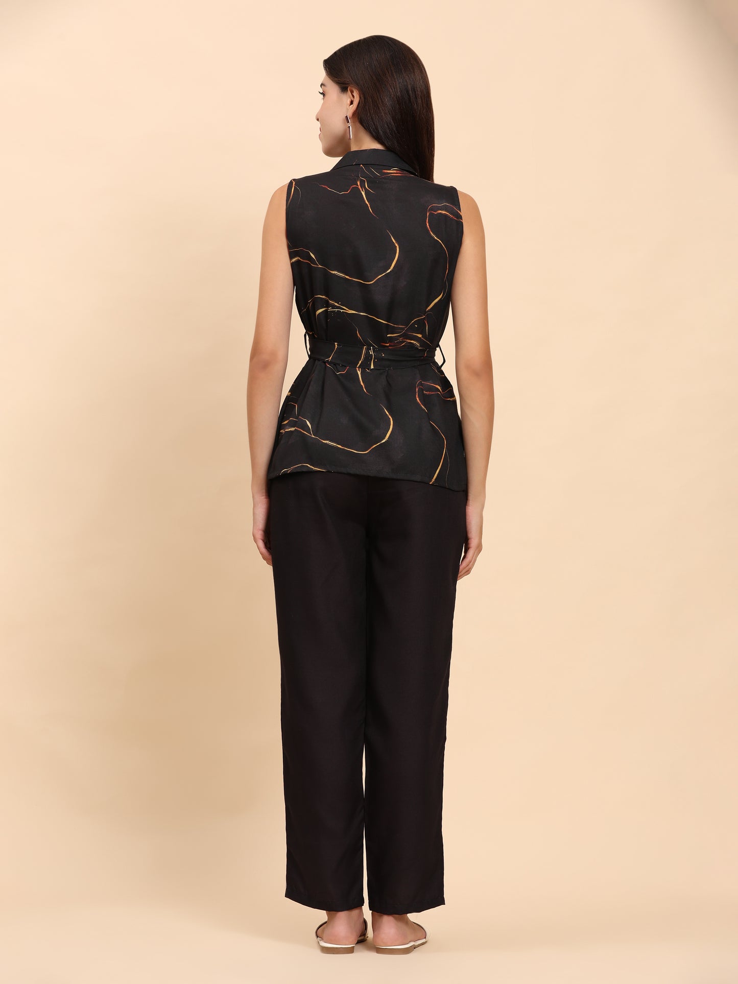 Noia Black & Gold Abstract Shawl Collared Top with Trousers