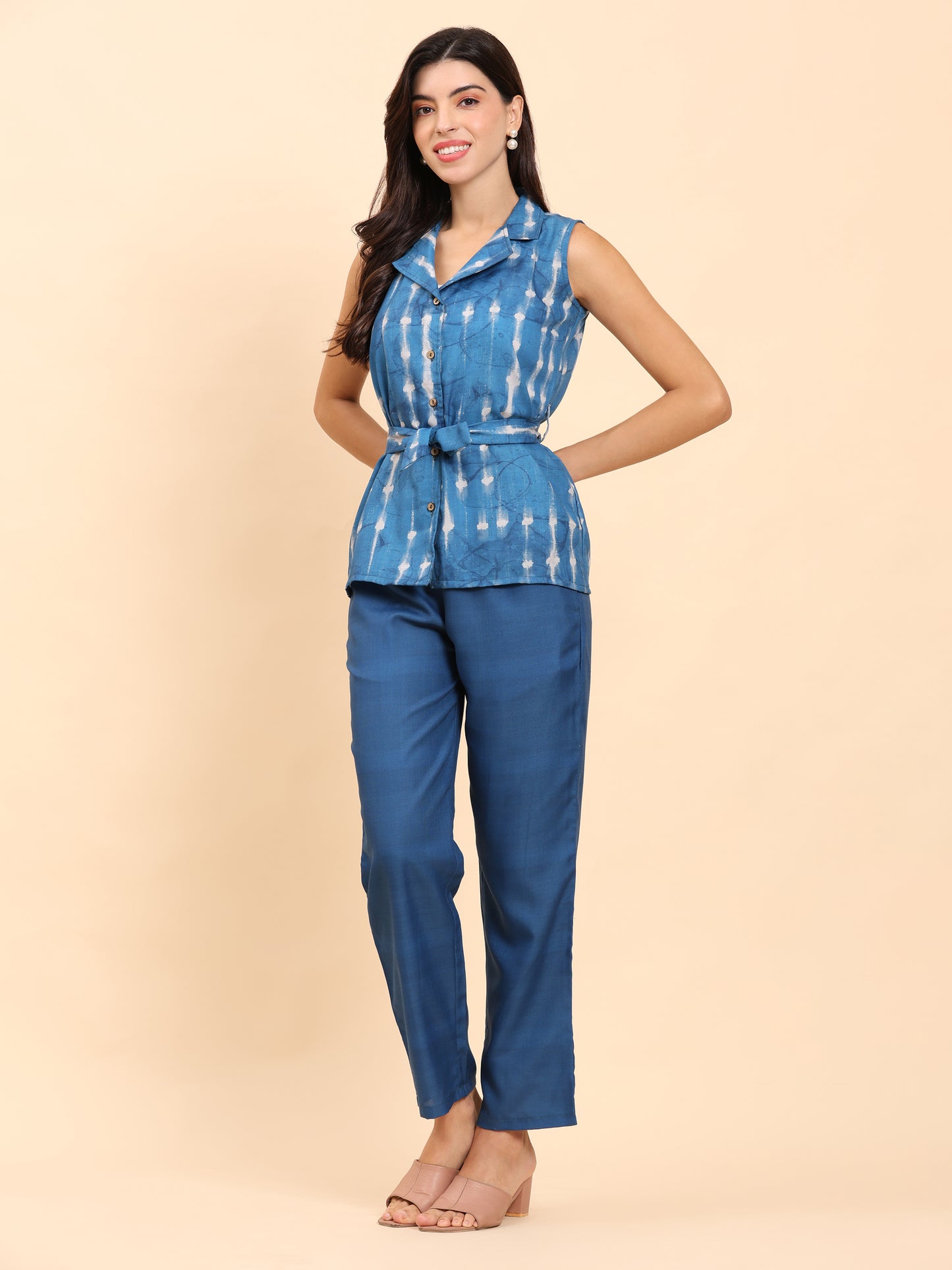 Noia Indigo Sleeveless Shawl Collared Top with Trousers