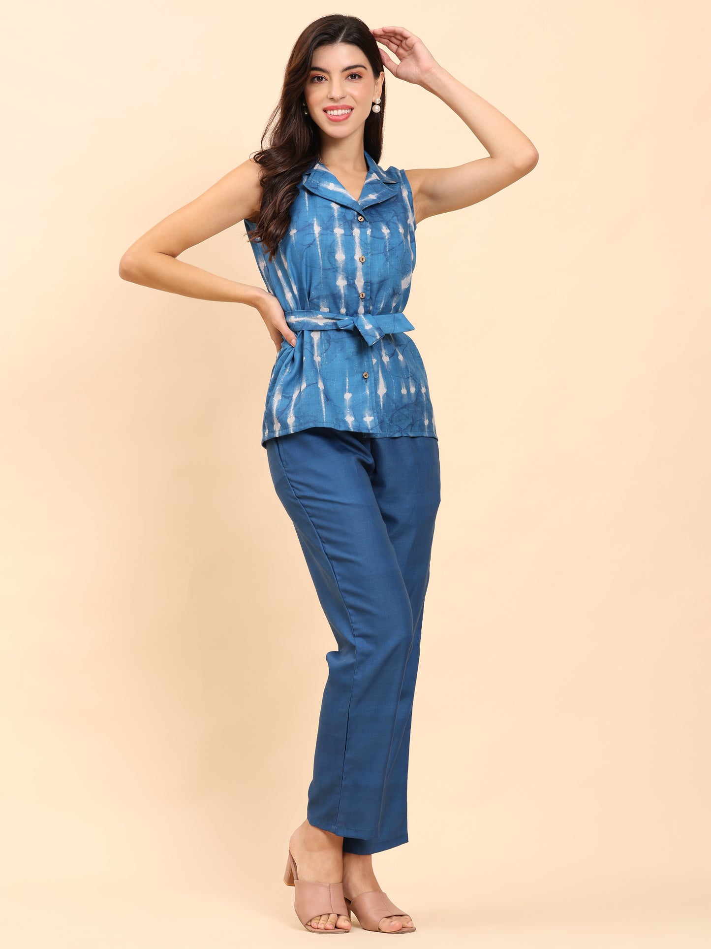 Noia Indigo Sleeveless Shawl Collared Top with Trousers