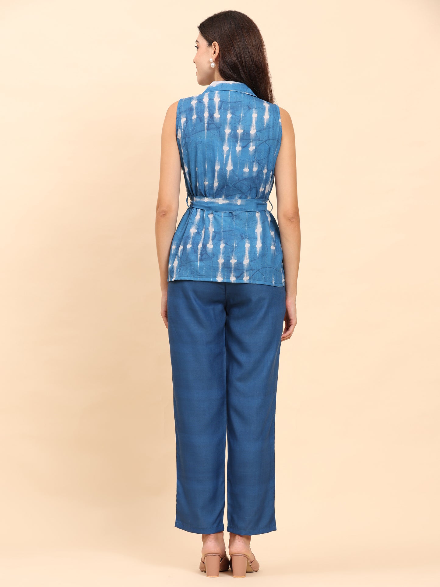 Noia Indigo Sleeveless Shawl Collared Top with Trousers