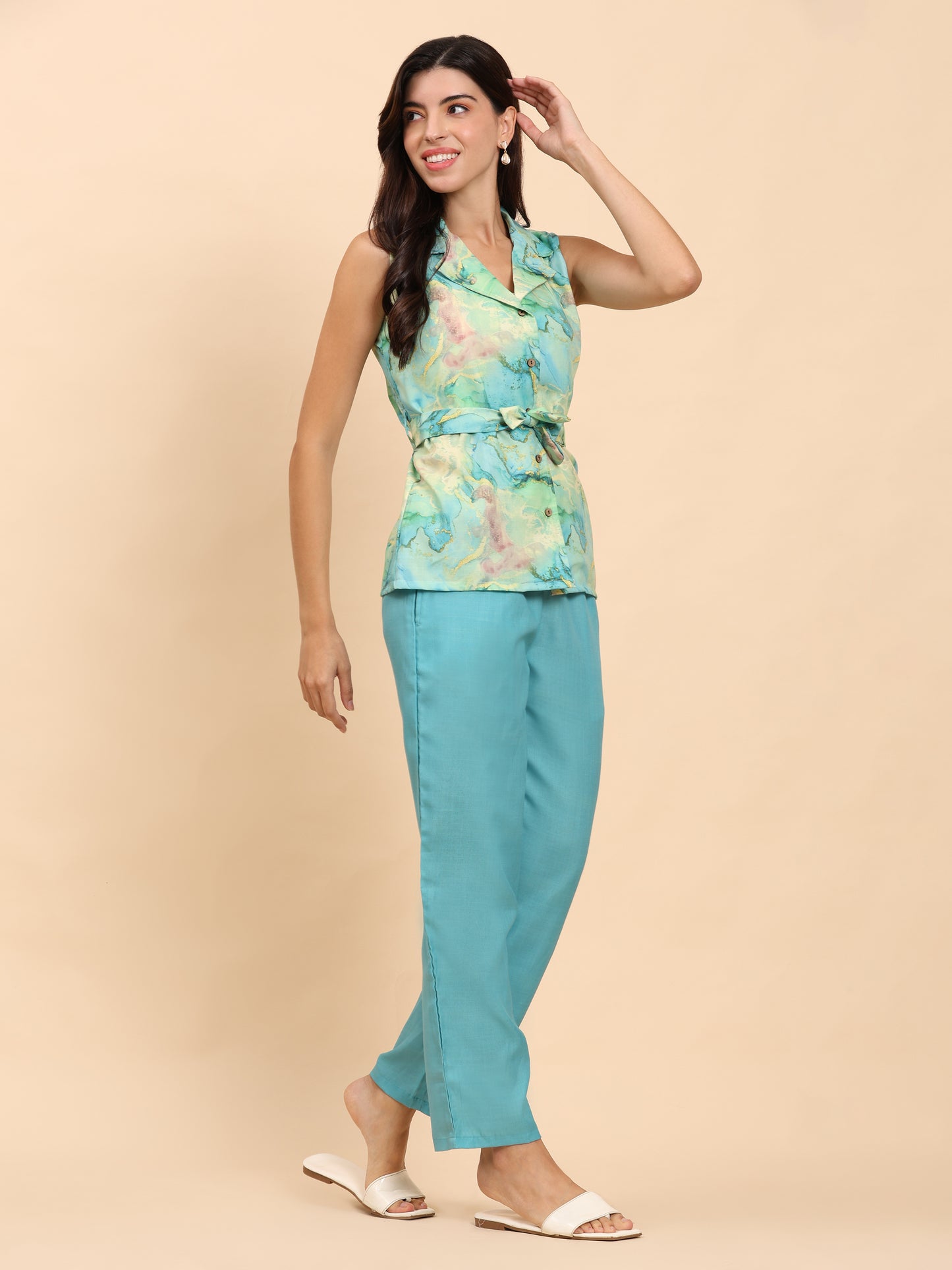 Noia Green & Gold Abstract Shawl Collared Top with Trousers