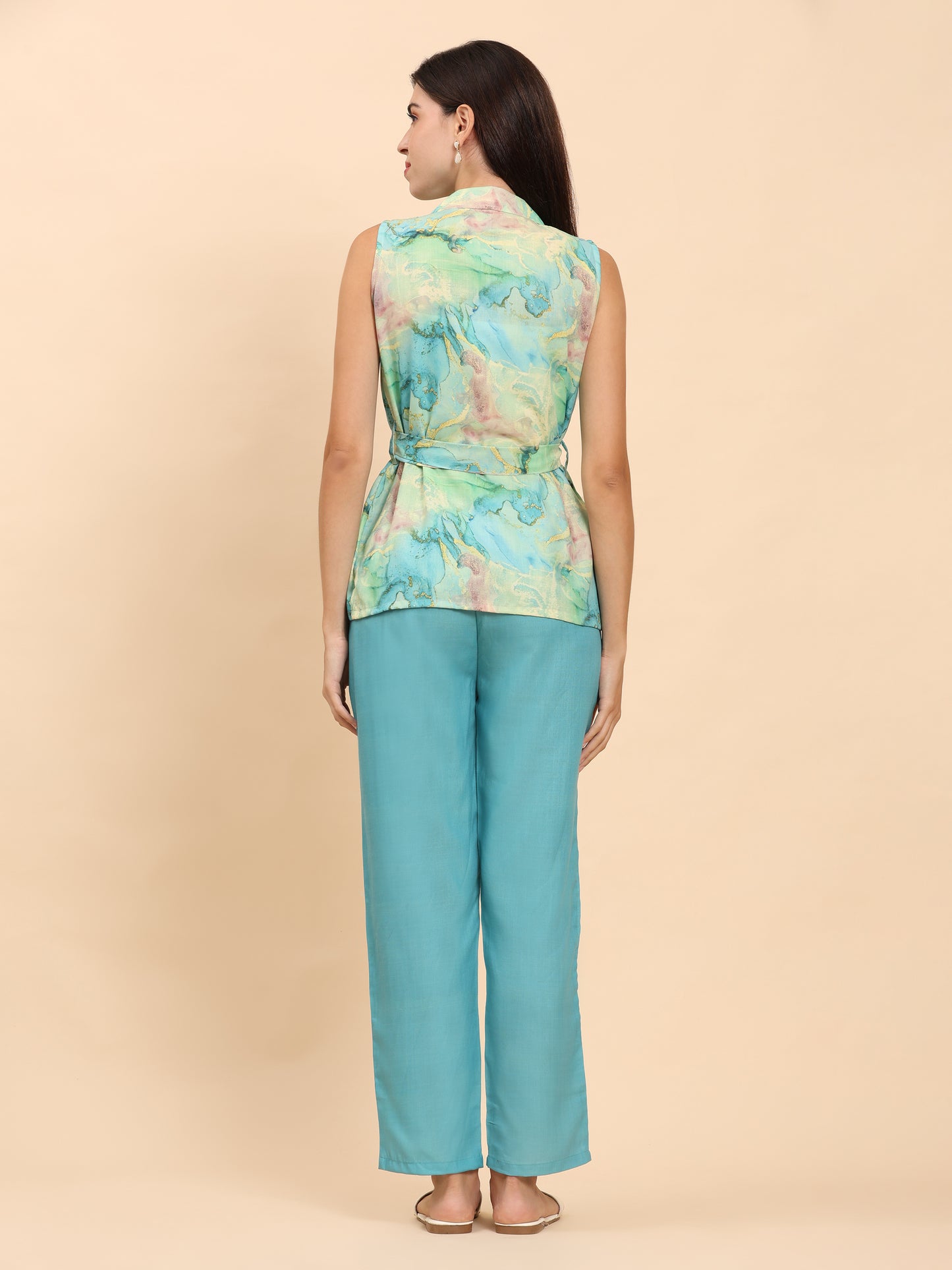 Noia Green & Gold Abstract Shawl Collared Top with Trousers