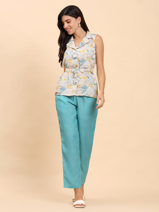 Noia White & Multi Geometric Shawl Collared Top with Trousers