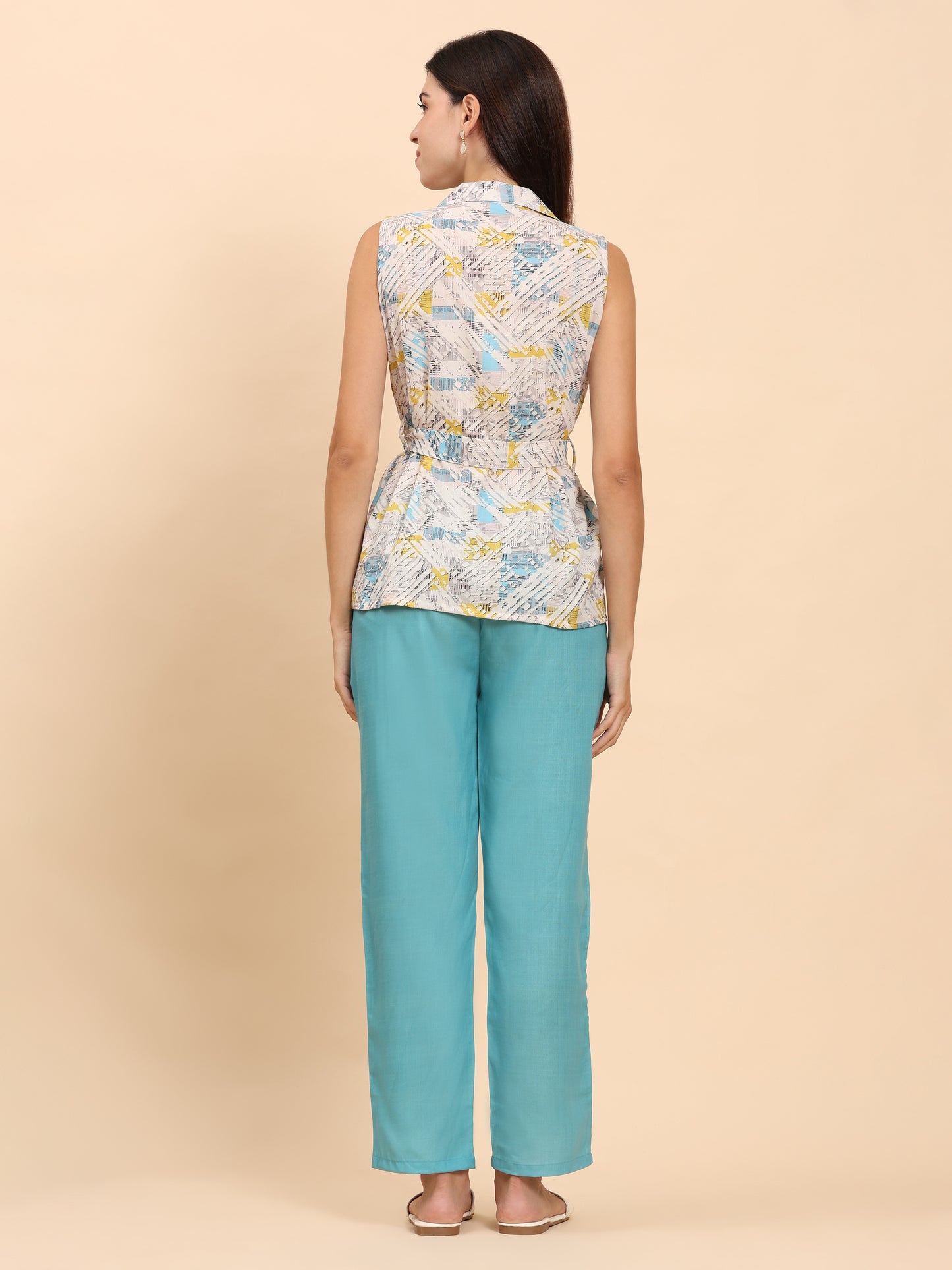 Noia White & Multi Geometric Shawl Collared Top with Trousers