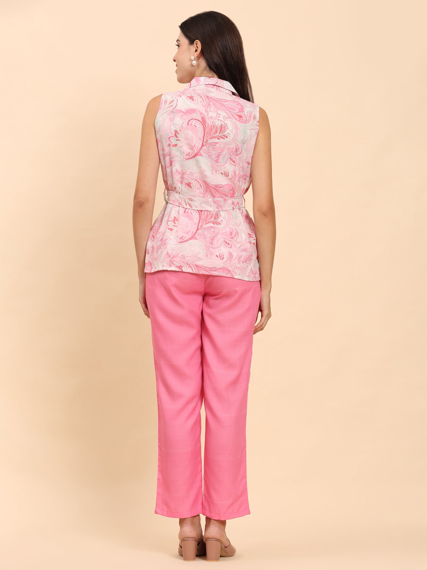 Noia Pink & White Paisley Shawl Collared Top with Trousers