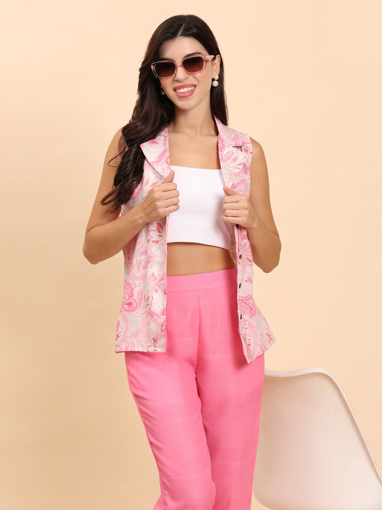 Noia Pink & White Paisley Shawl Collared Top with Trousers