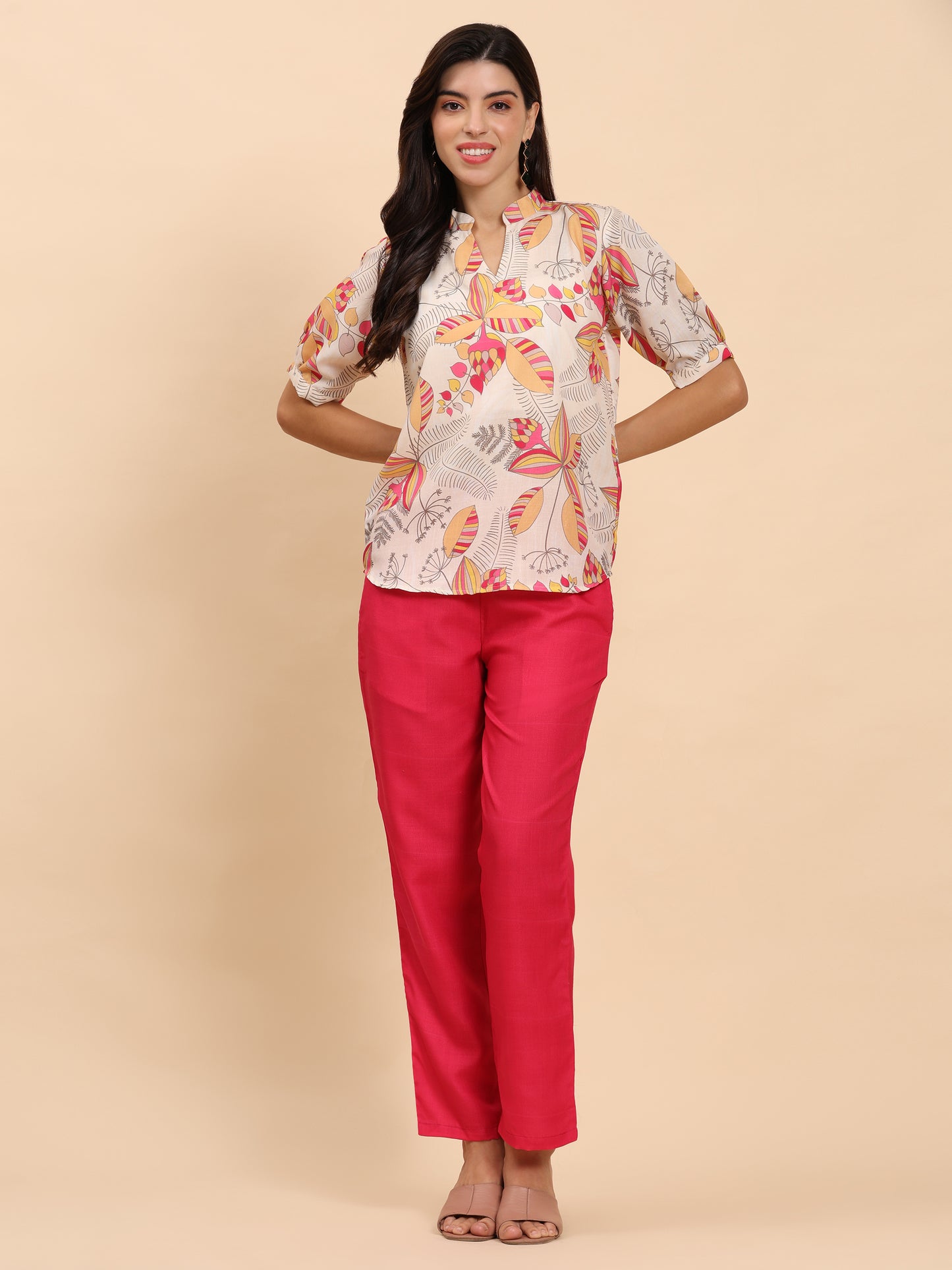 Noia Yellow & Multi Abstract Floral Short Sleeve Top with Trousers