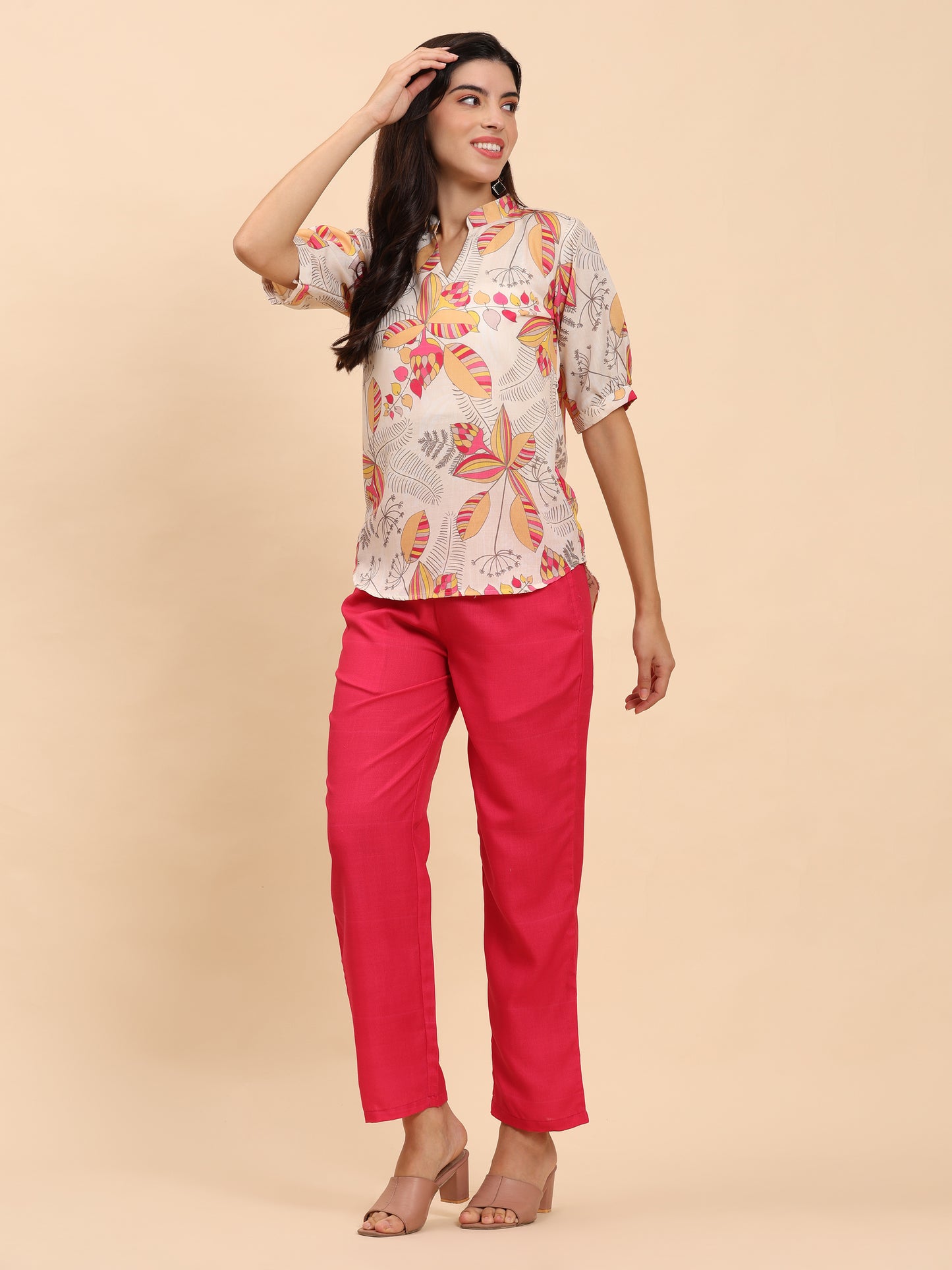 Noia Yellow & Multi Abstract Floral Short Sleeve Top with Trousers