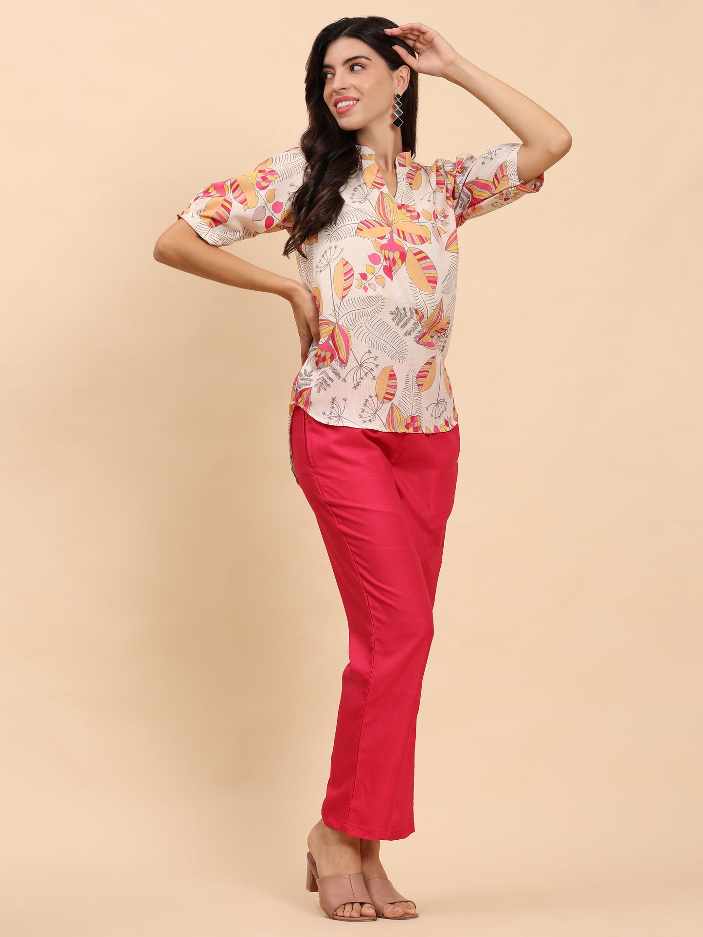 Noia Yellow & Multi Abstract Floral Short Sleeve Top with Trousers