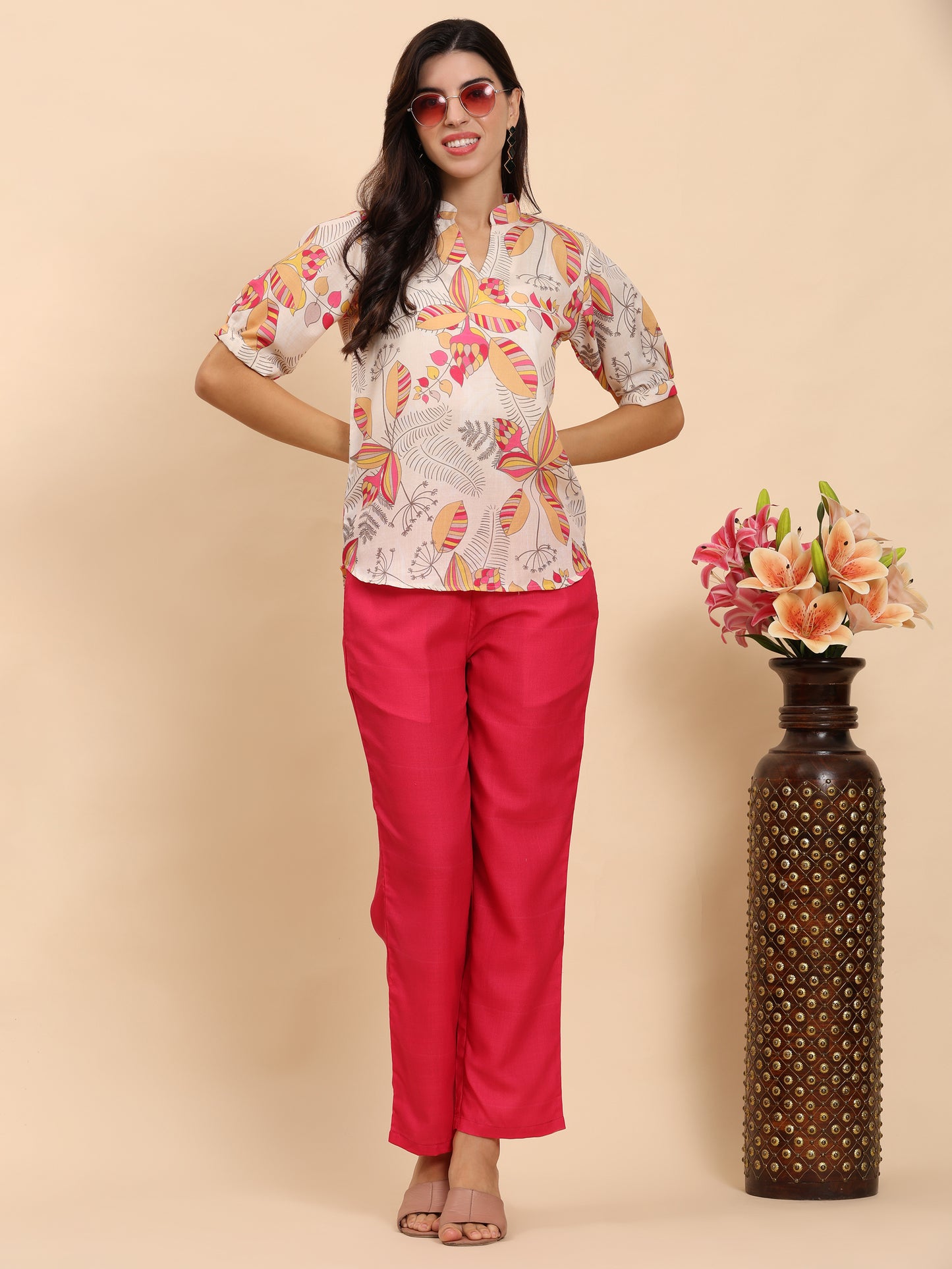 Noia Yellow & Multi Abstract Floral Short Sleeve Top with Trousers