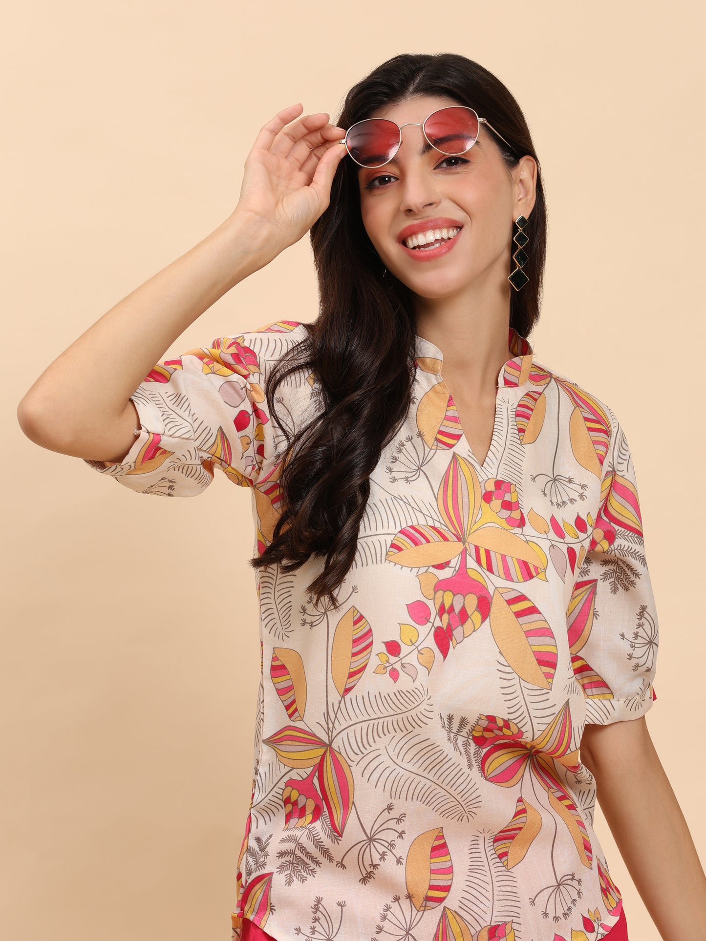 Noia Yellow & Multi Abstract Floral Short Sleeve Top with Trousers