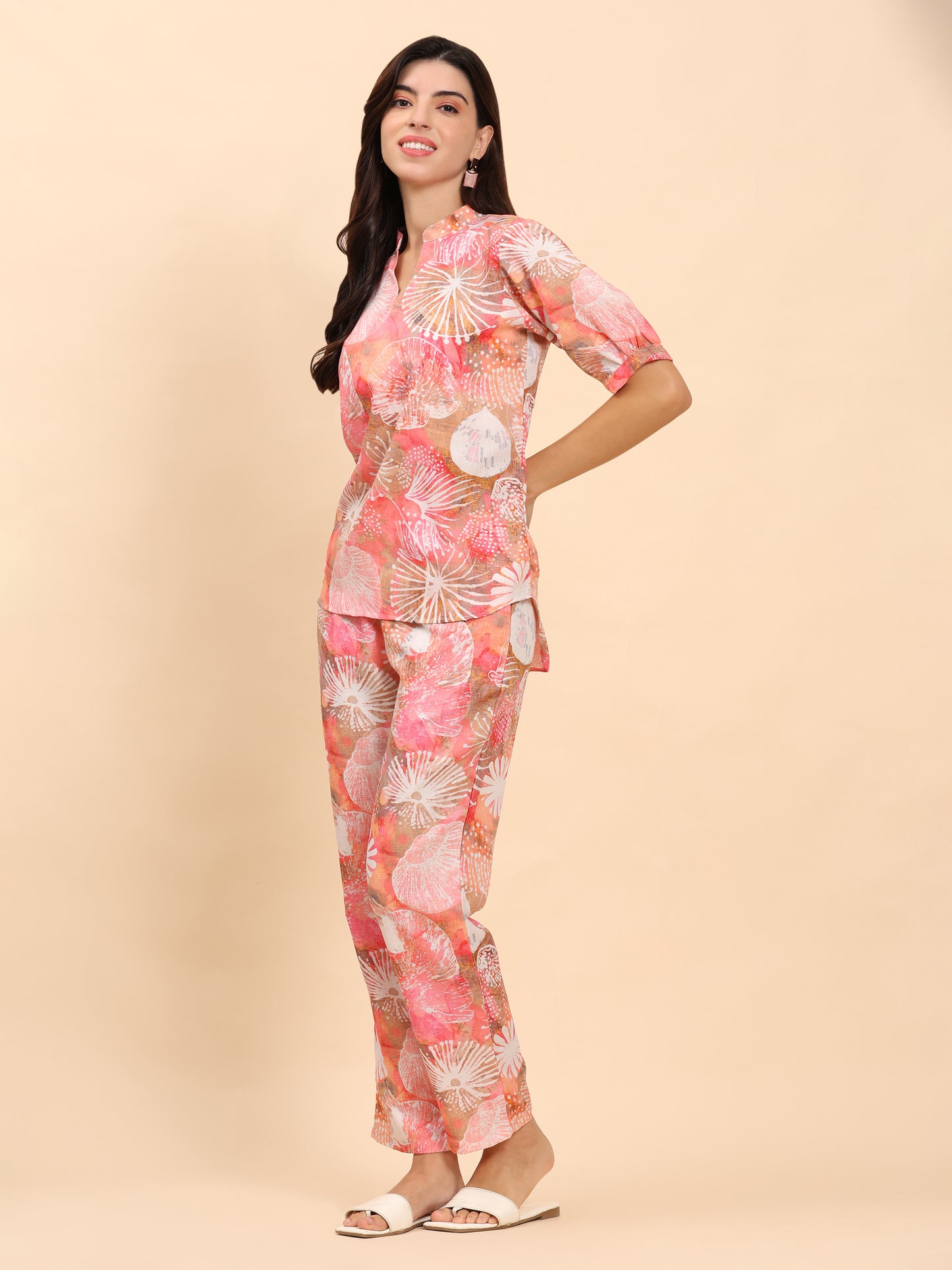 Noia Pink Multi Abstract Short Sleeve Top with Trousers