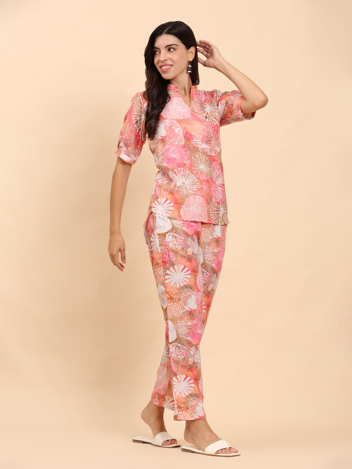 Noia Pink Multi Abstract Short Sleeve Top with Trousers