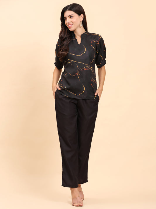 Noia Black & Gold Abstract Short Sleeve Top with Trousers