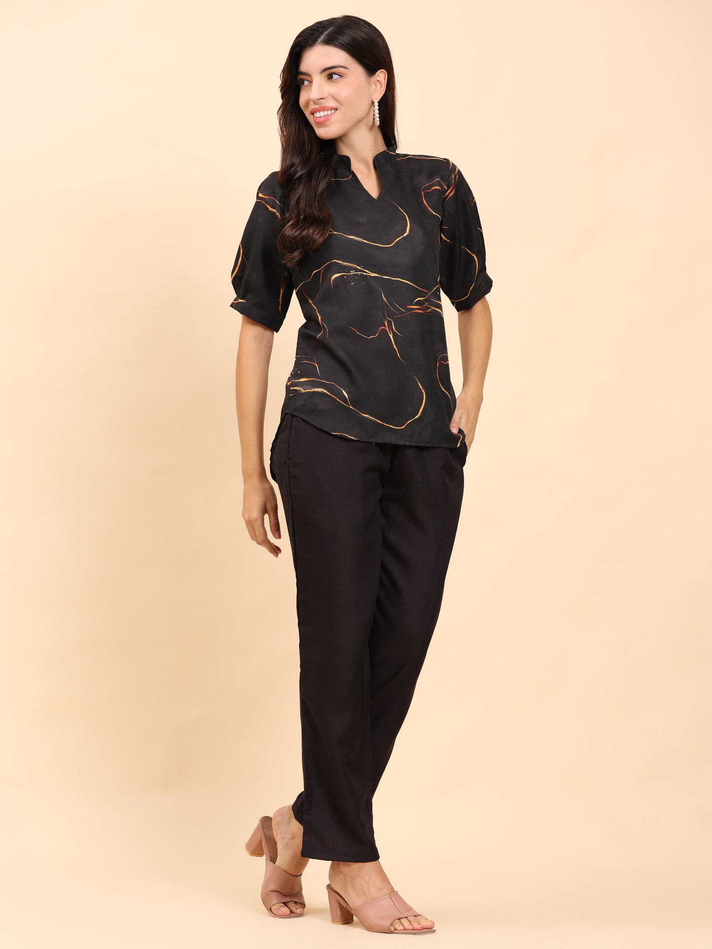 Noia Black & Gold Abstract Short Sleeve Top with Trousers