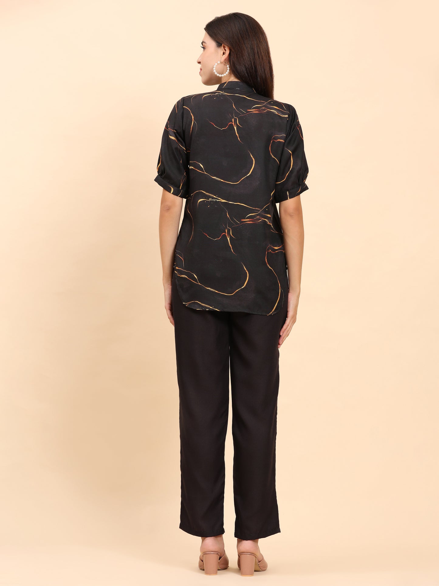 Noia Black & Gold Abstract Short Sleeve Top with Trousers