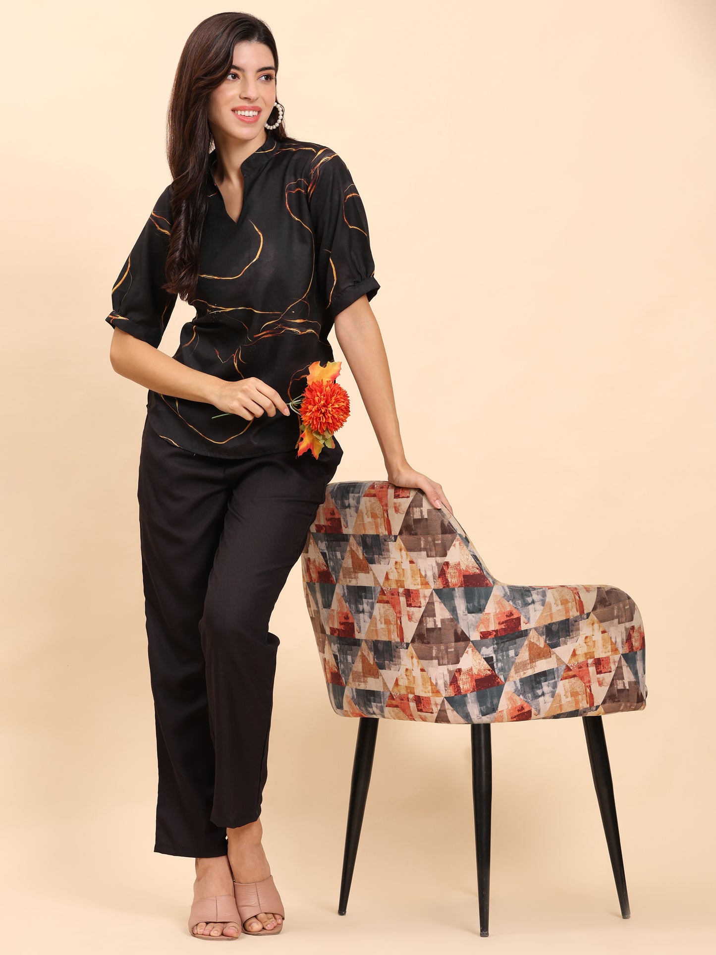 Noia Black & Gold Abstract Short Sleeve Top with Trousers