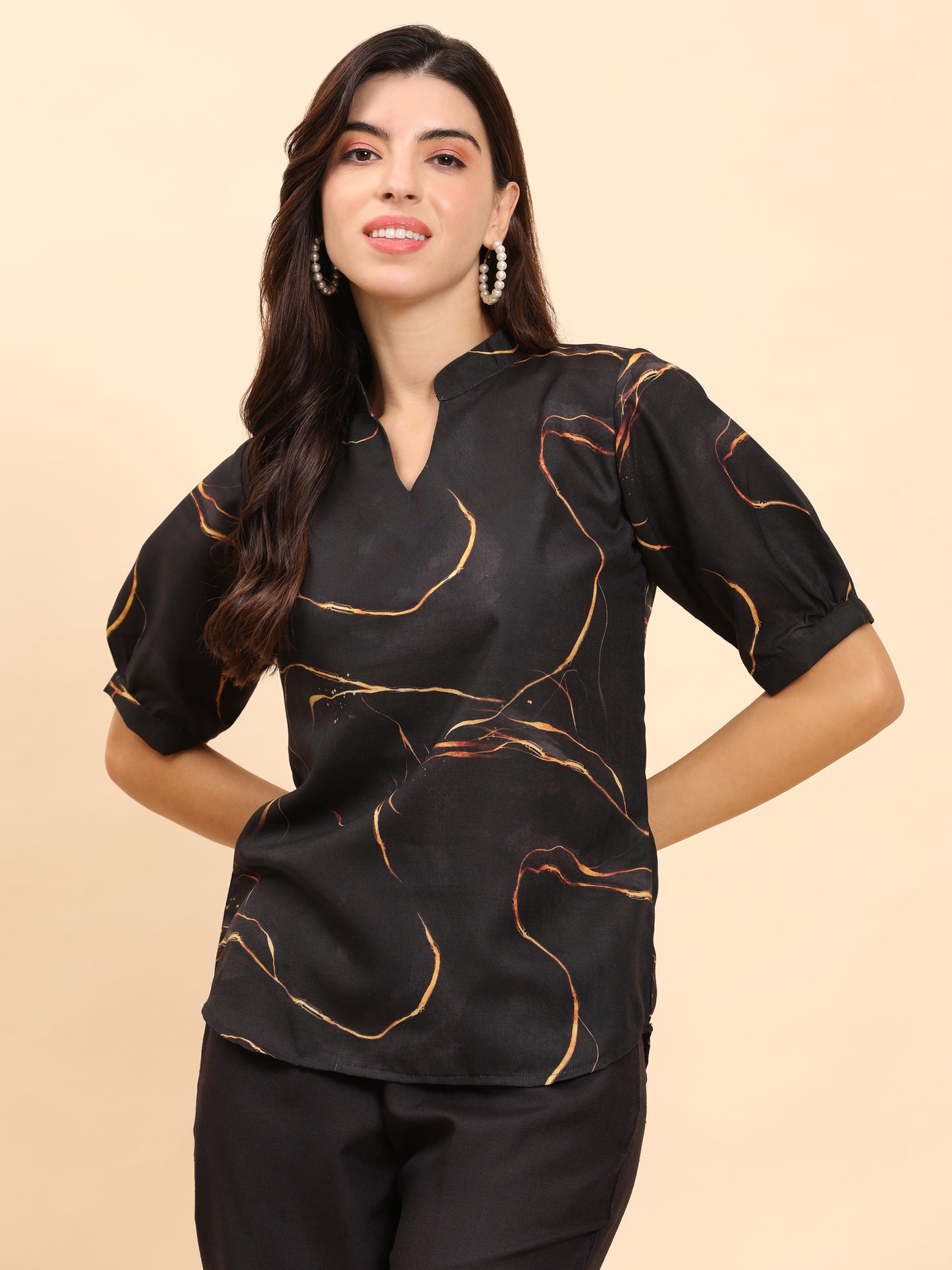 Noia Black & Gold Abstract Short Sleeve Top with Trousers