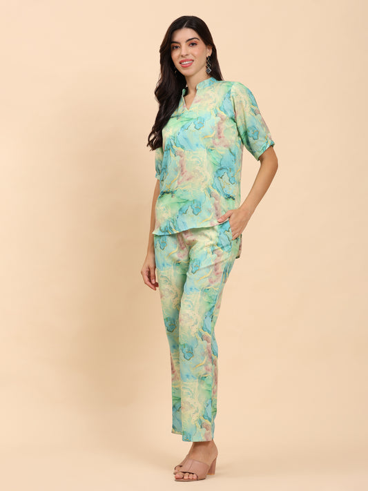 Noia Green & Gold Abstract Short Sleeve Top with Trousers