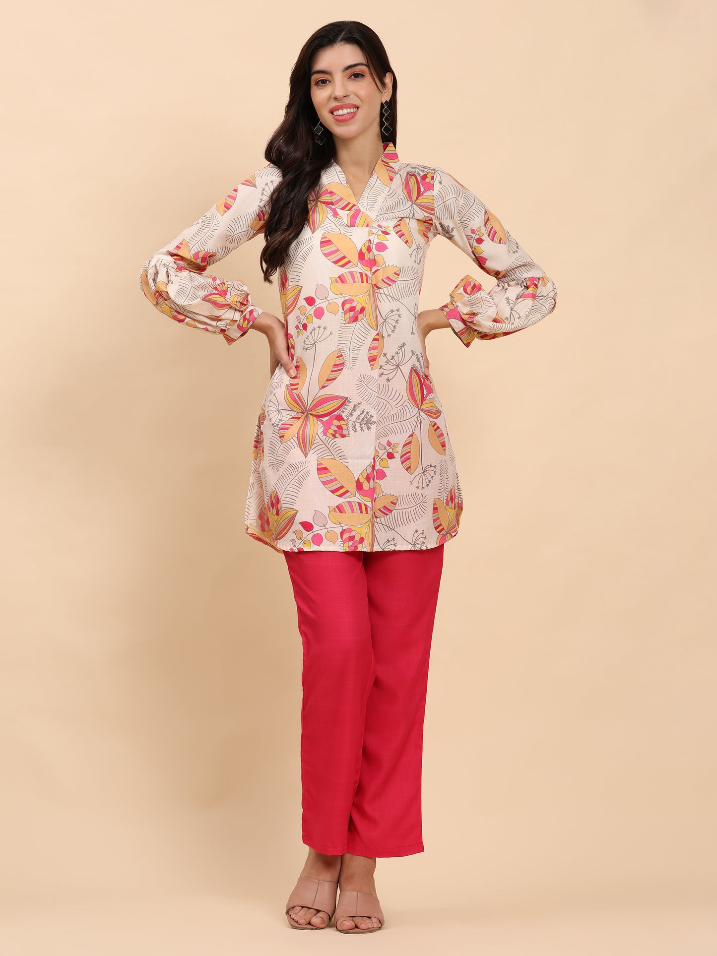 Noia Yellow & Multi Abstract Floral V Necked Top with Trousers