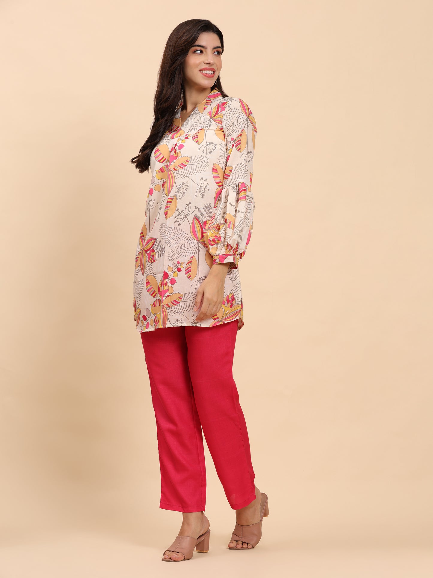 Noia Yellow & Multi Abstract Floral V Necked Top with Trousers