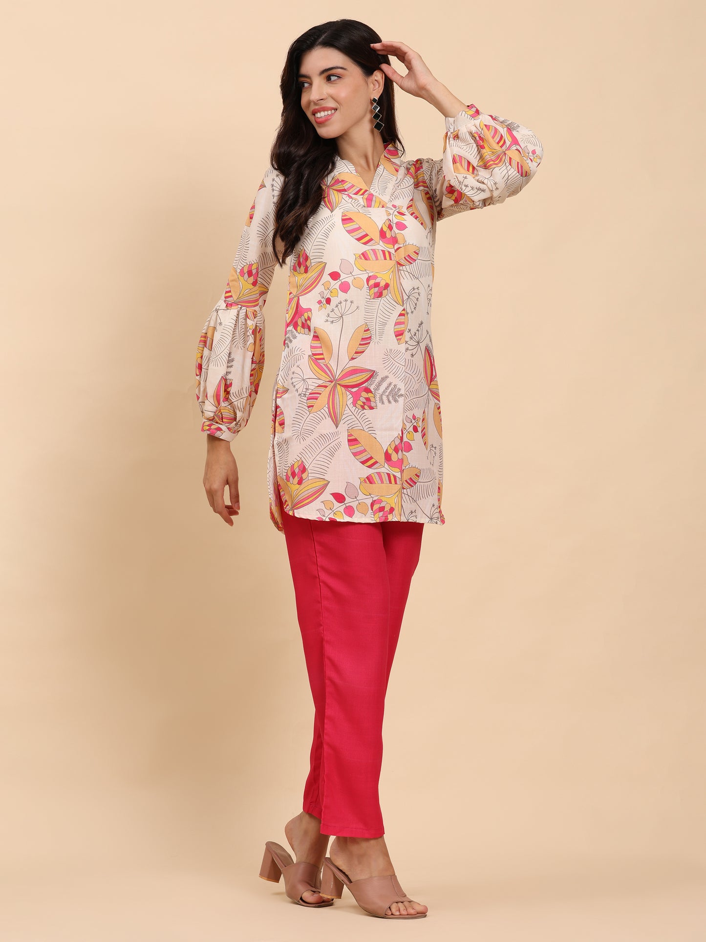 Noia Yellow & Multi Abstract Floral V Necked Top with Trousers