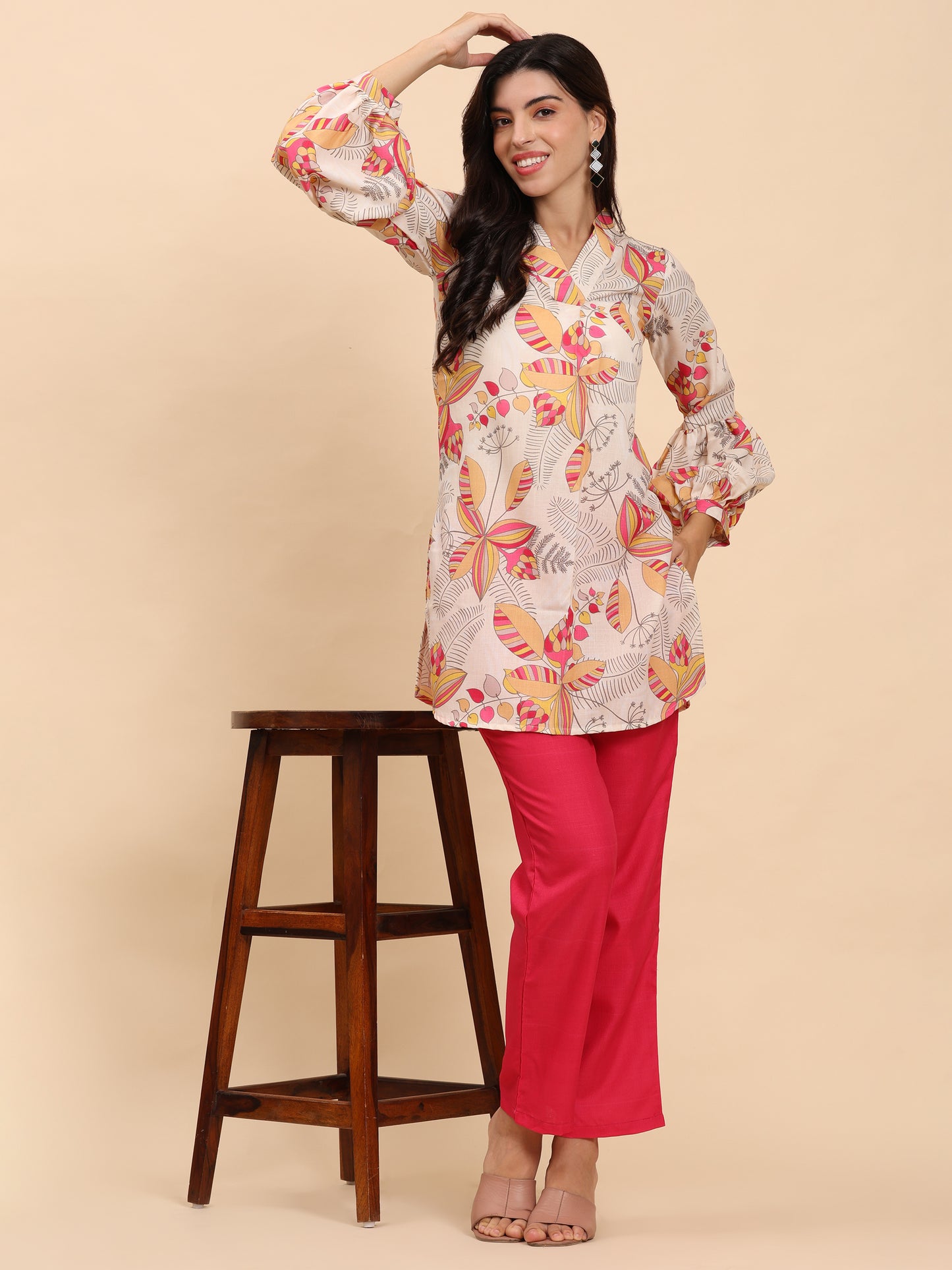 Noia Yellow & Multi Abstract Floral V Necked Top with Trousers