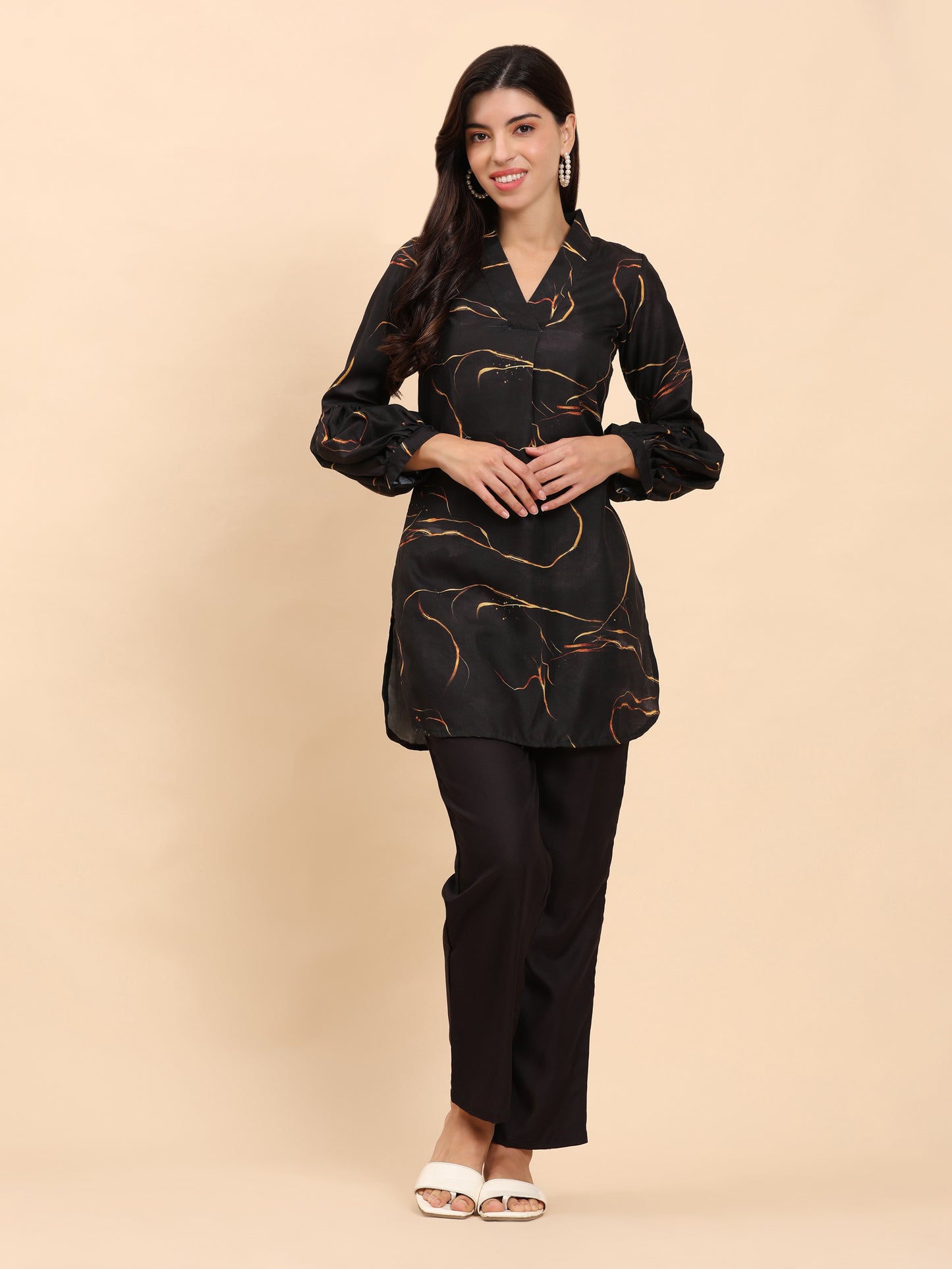 Noia Black & Gold Abstract V Necked Top with Trousers