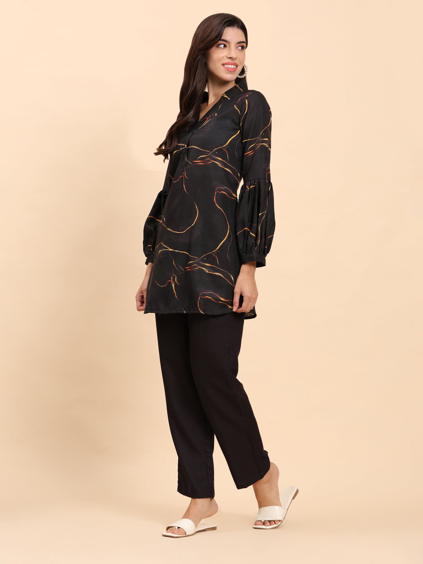 Noia Black & Gold Abstract V Necked Top with Trousers