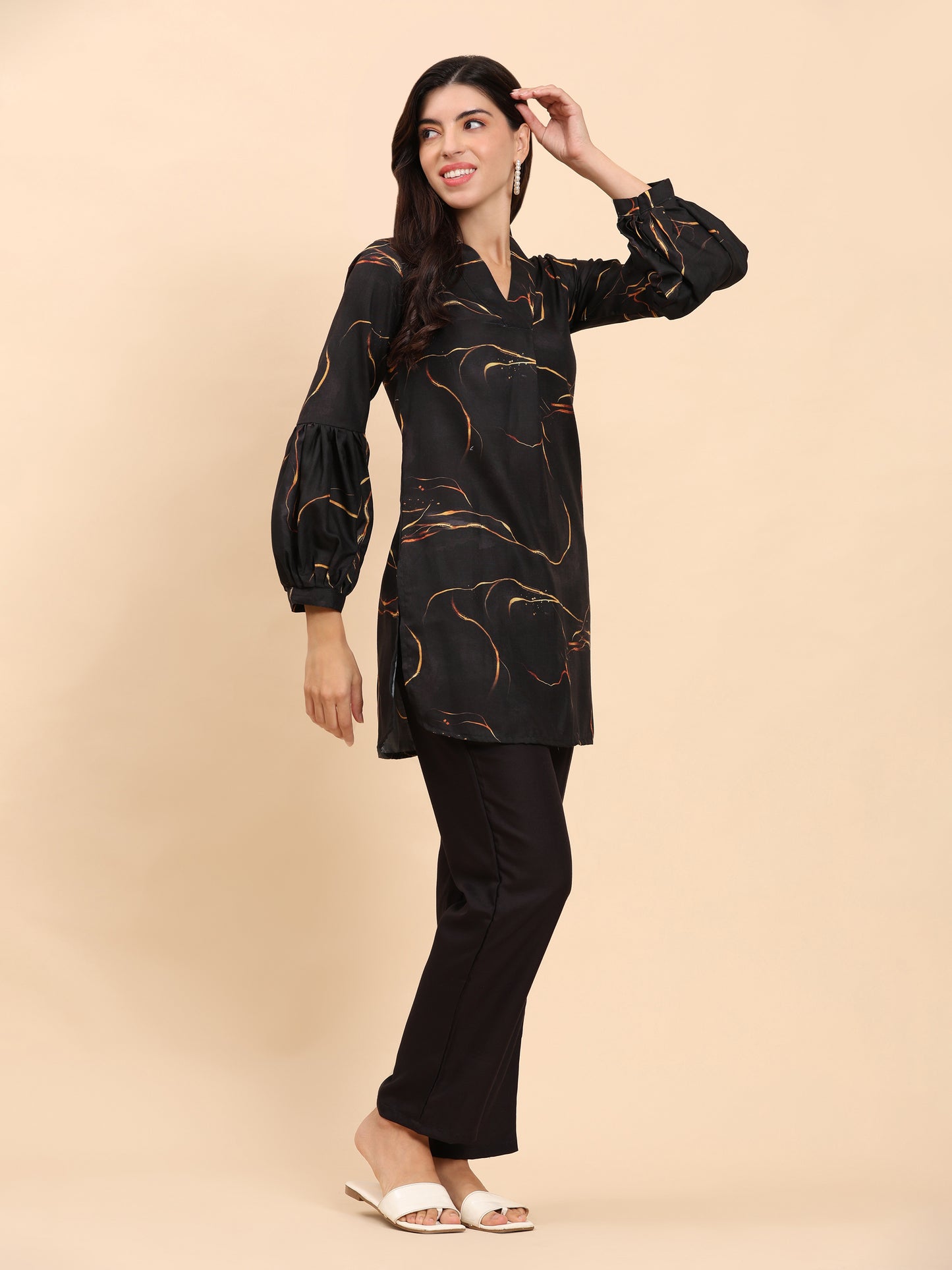 Noia Black & Gold Abstract V Necked Top with Trousers