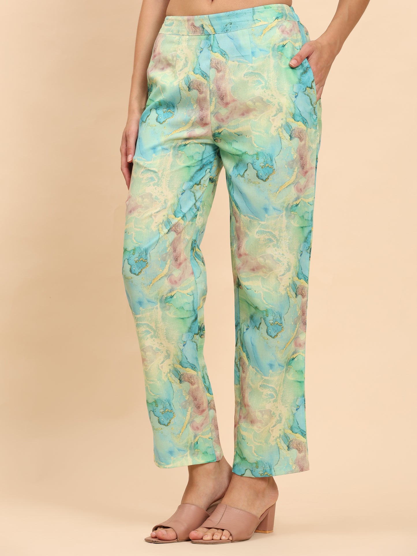 Noia Green & Gold Abstract V Necked Top with Trousers