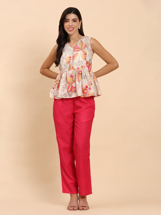 Noia Yellow & Multi Abstract Floral Sleeveless Peplum Top with Trousers