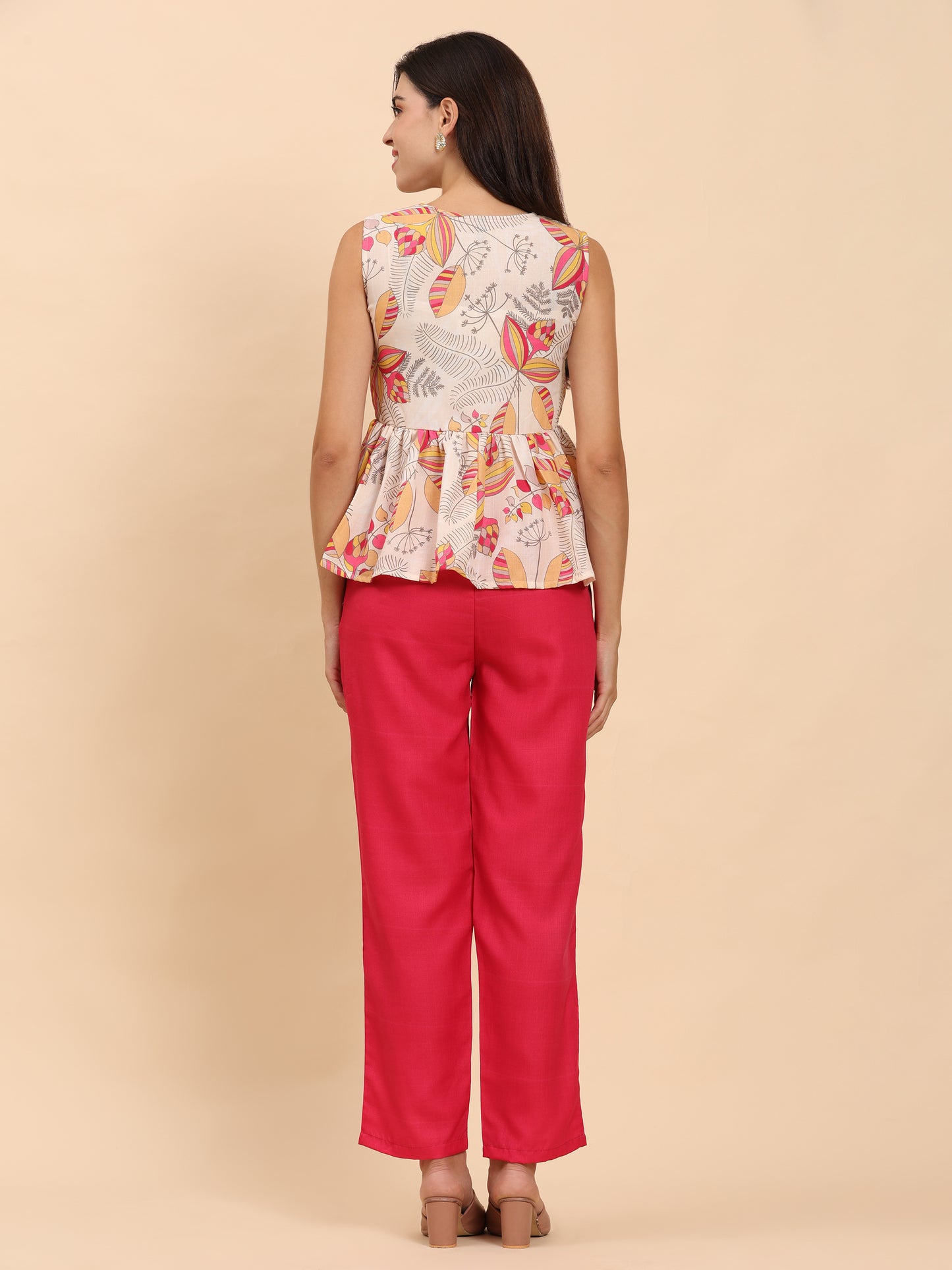 Noia Yellow & Multi Abstract Floral Sleeveless Peplum Top with Trousers