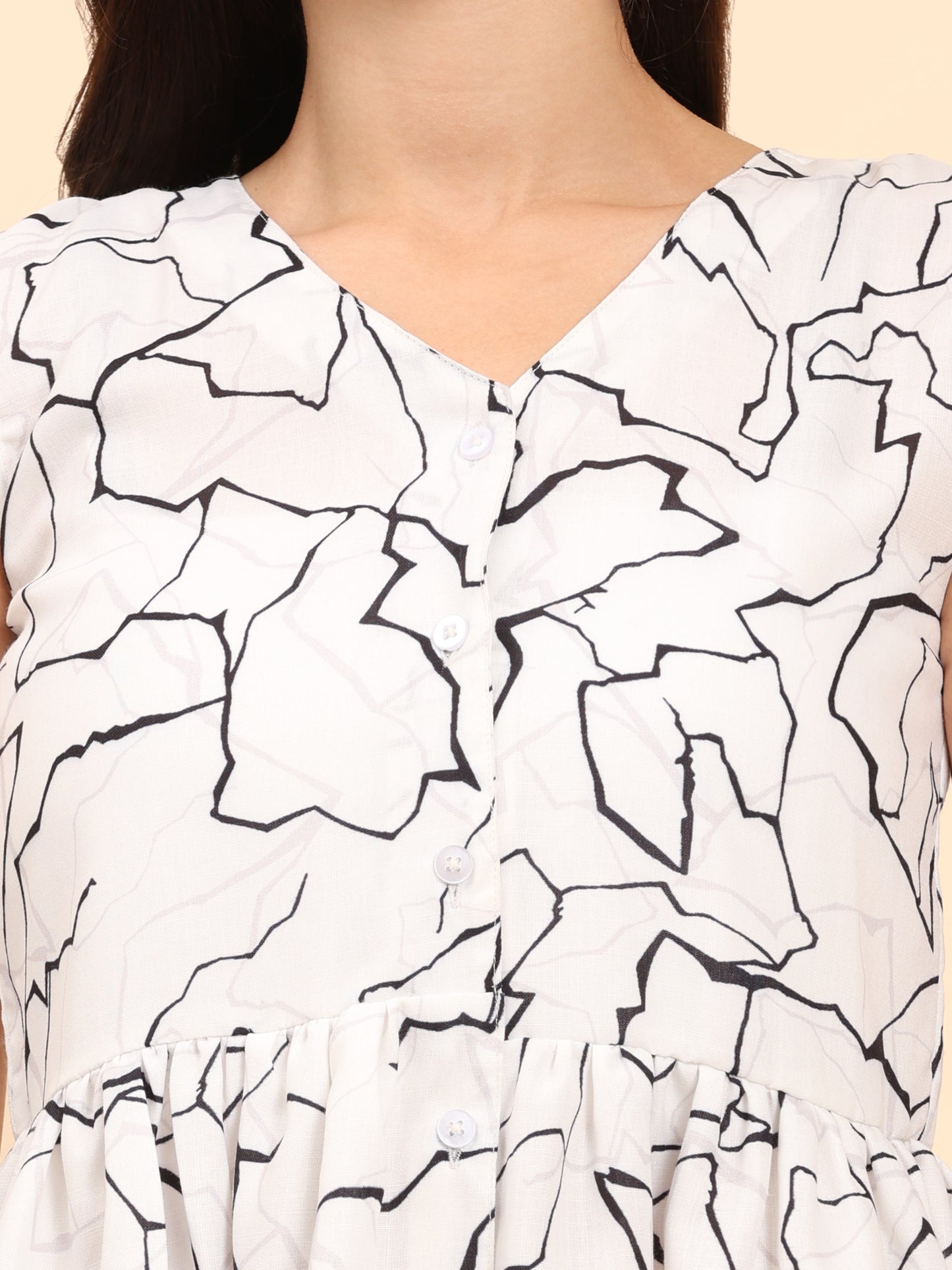 Noia White & Black Abstract Sleeveless Peplum Top with Trousers