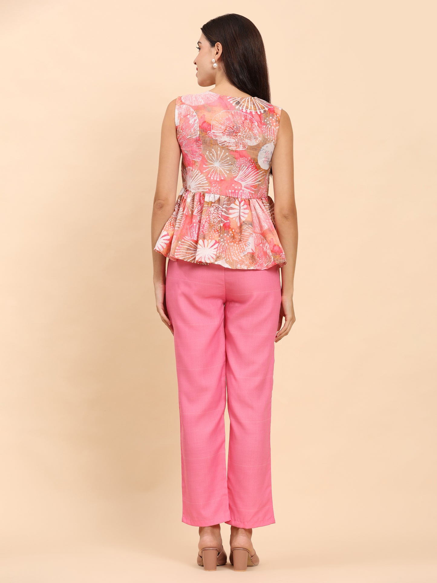 Noia Pink Multi Abstract Sleeveless Peplum Top with Trousers