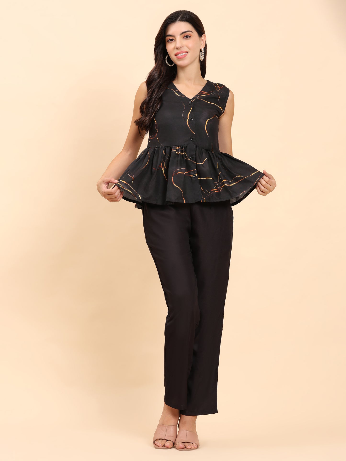 Noia Black & Gold Abstract Sleeveless Peplum Top with Trousers