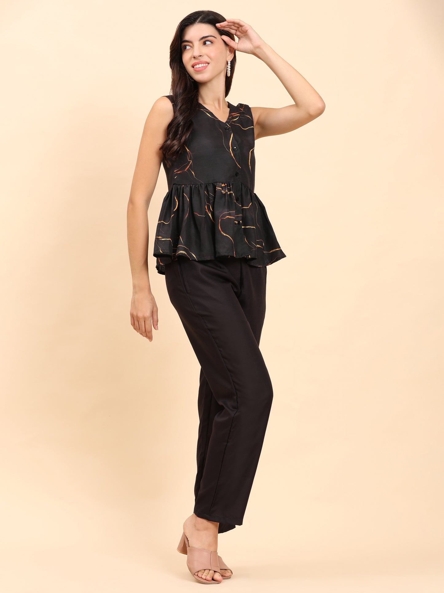 Noia Black & Gold Abstract Sleeveless Peplum Top with Trousers