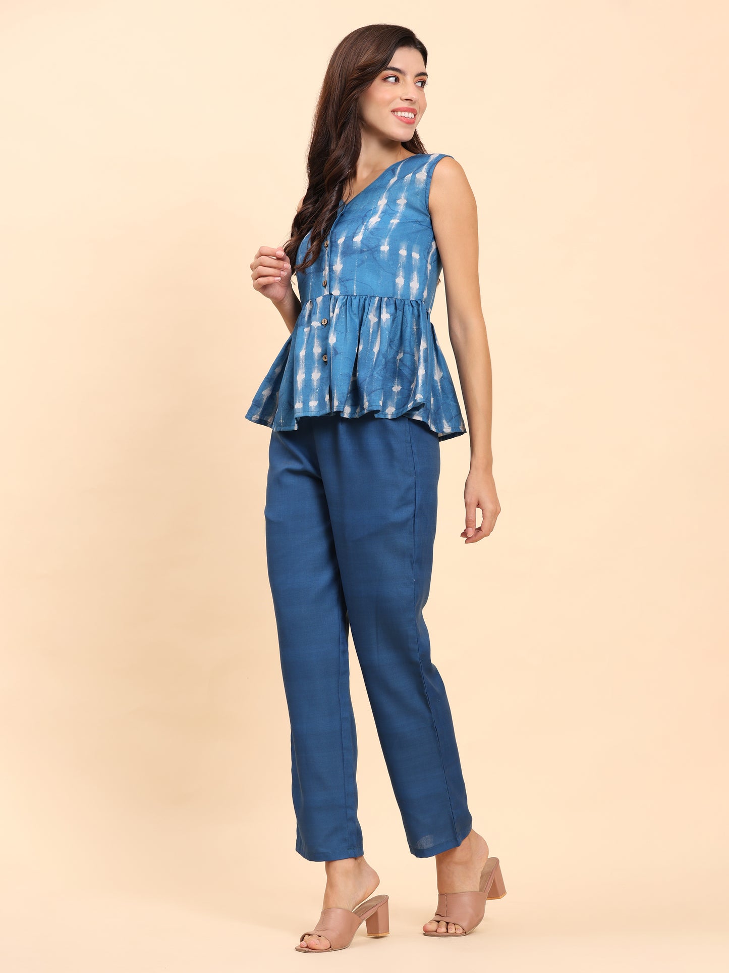 Noia Indigo Sleeveless Peplum Top with Trousers