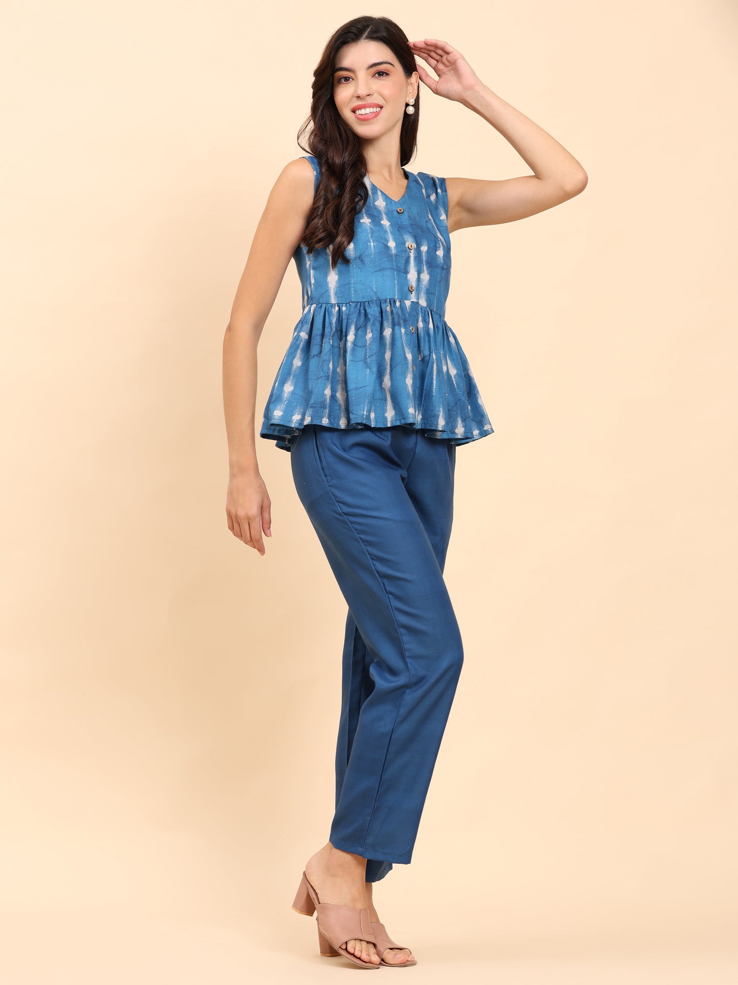 Noia Indigo Sleeveless Peplum Top with Trousers