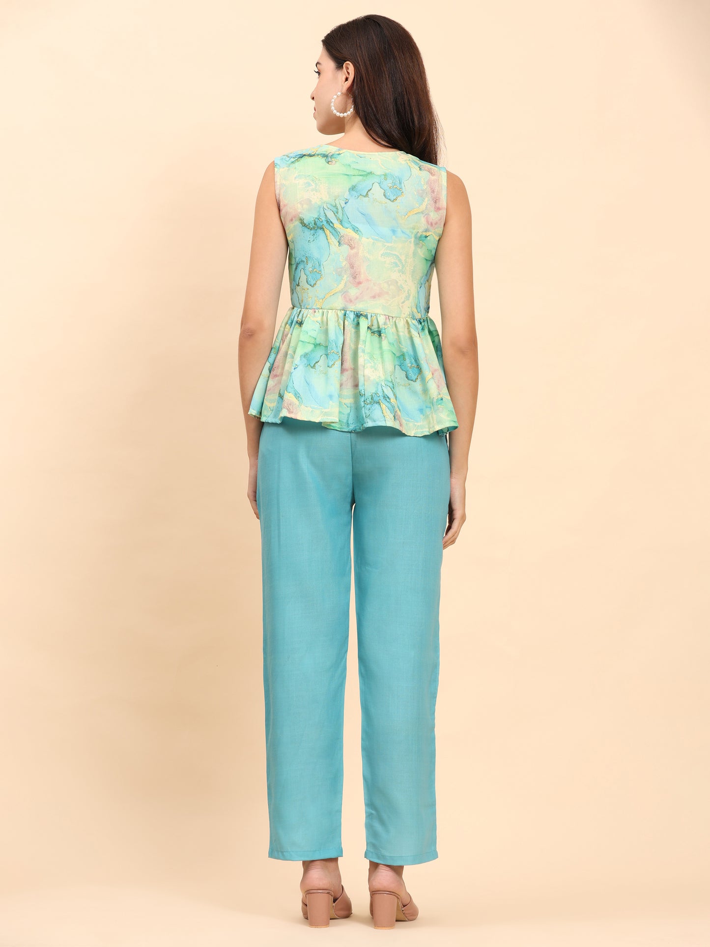 Noia Green & Gold Abstract Sleeveless Peplum Top with Trousers