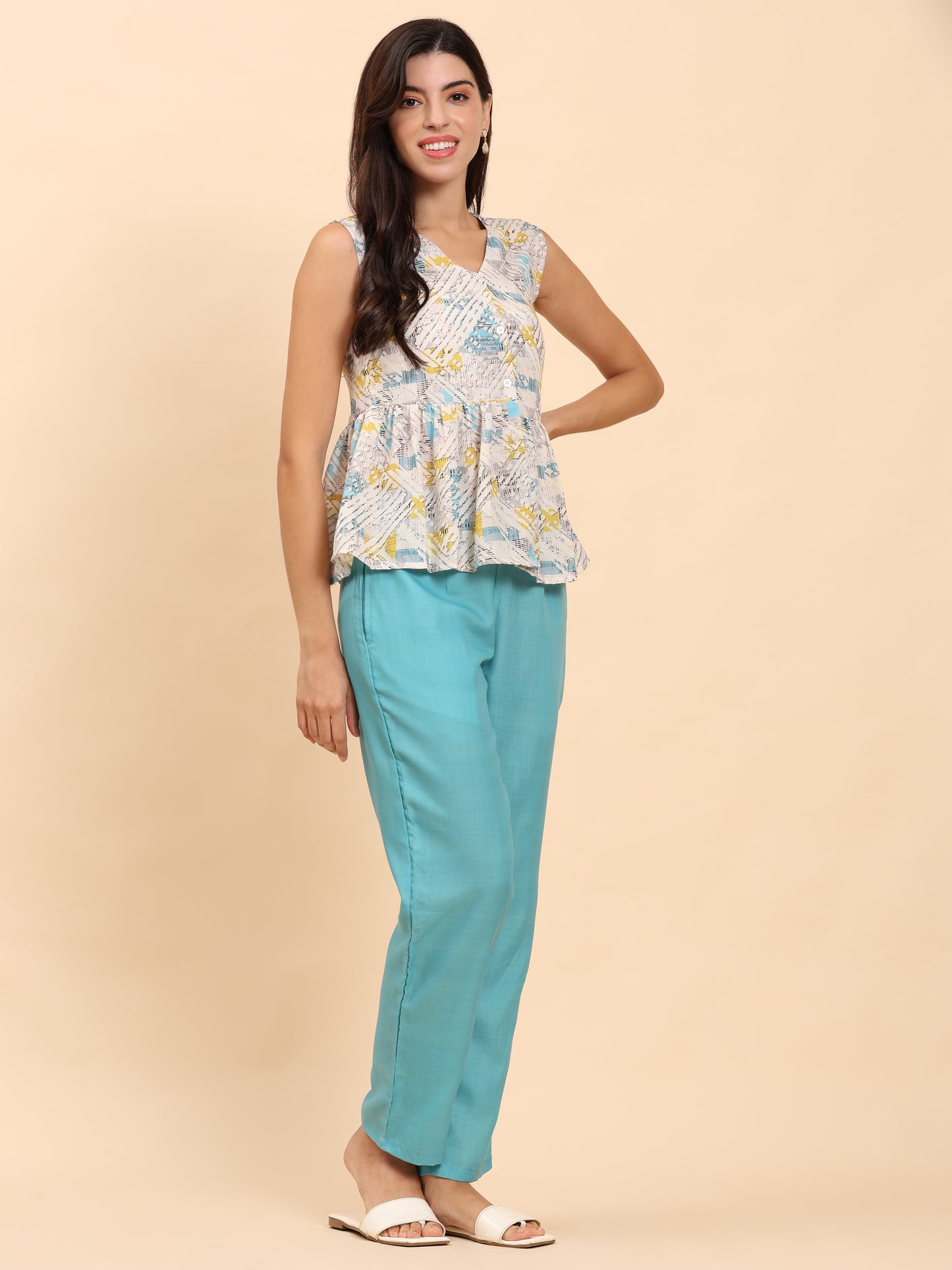 Noia White & Multi Geometric Sleeveless Peplum Top with Trousers