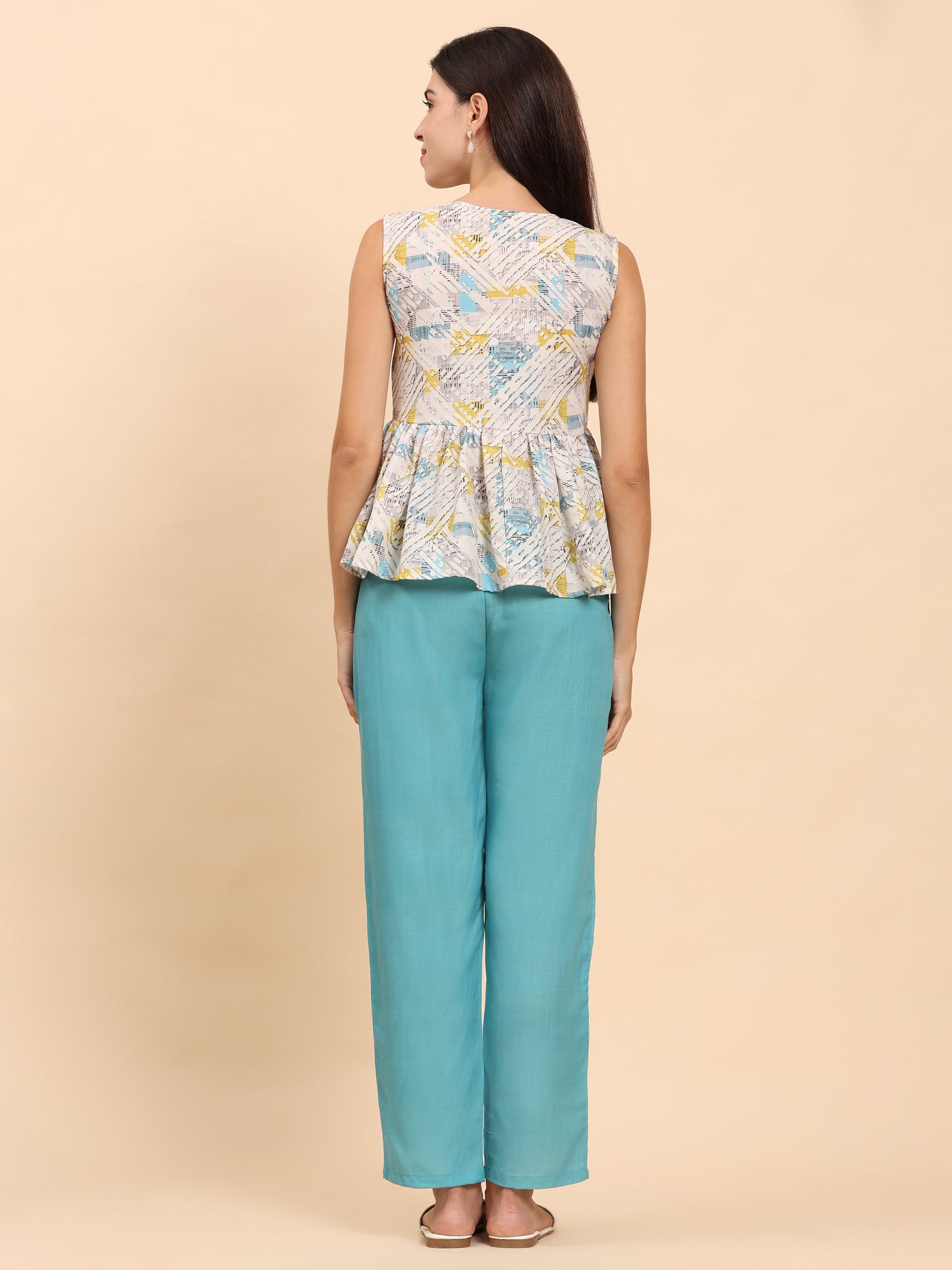 Noia White & Multi Geometric Sleeveless Peplum Top with Trousers