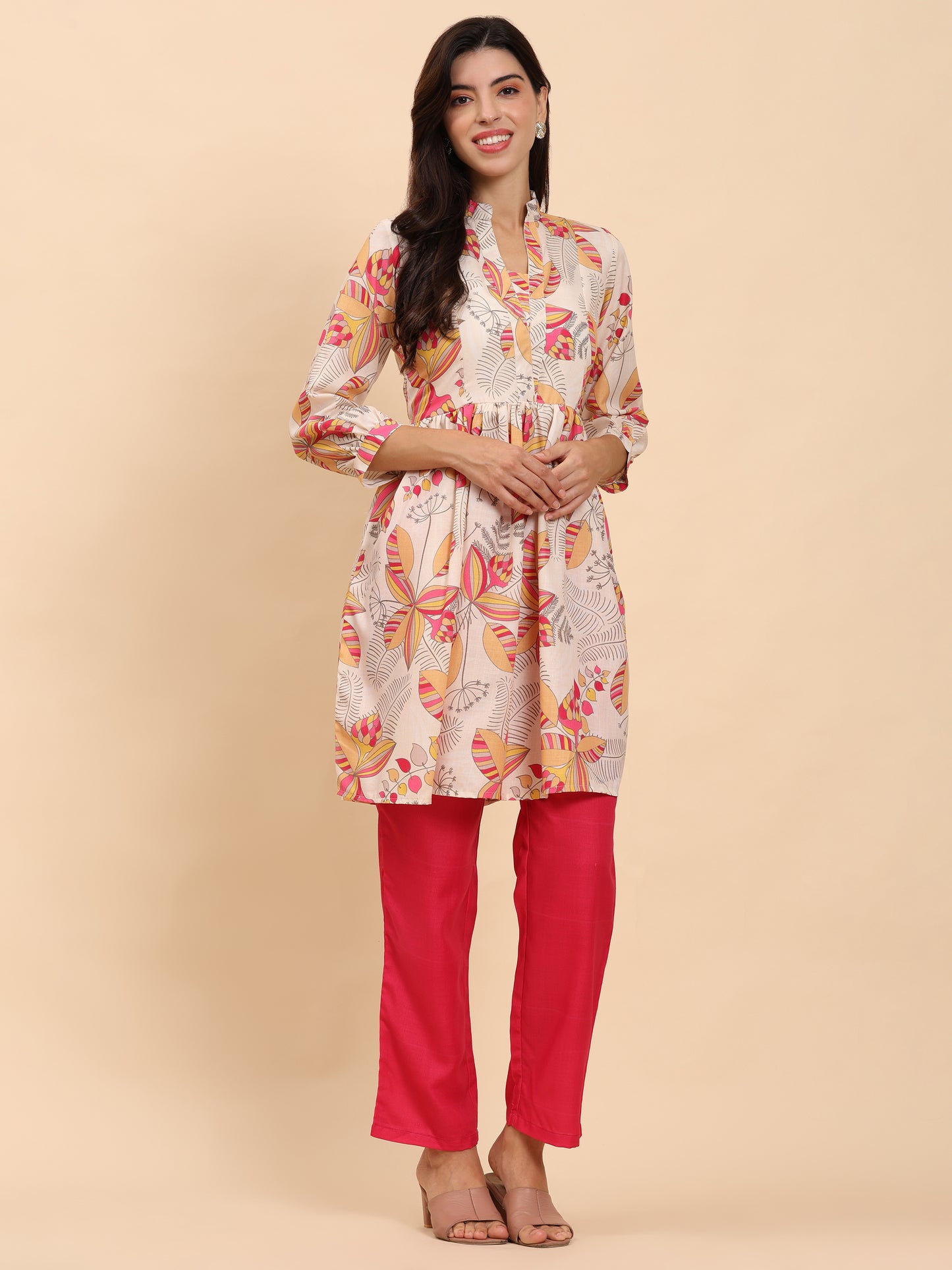 Noia Yellow & Multi Abstract Floral Long Sleeved V-Neck Top with Trousers