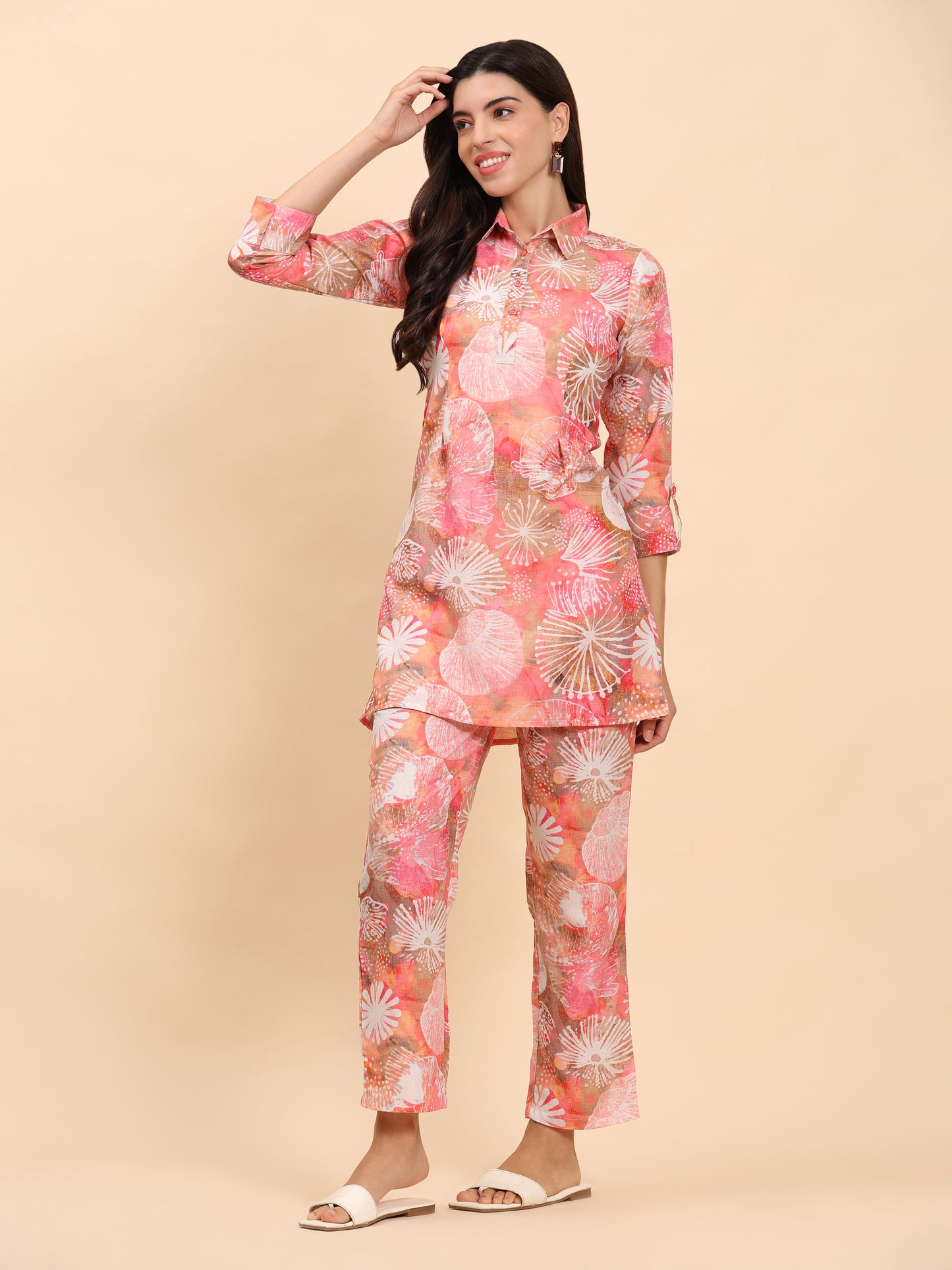 Noia Pink Multi Abstract Shirt Collared Top with Trousers