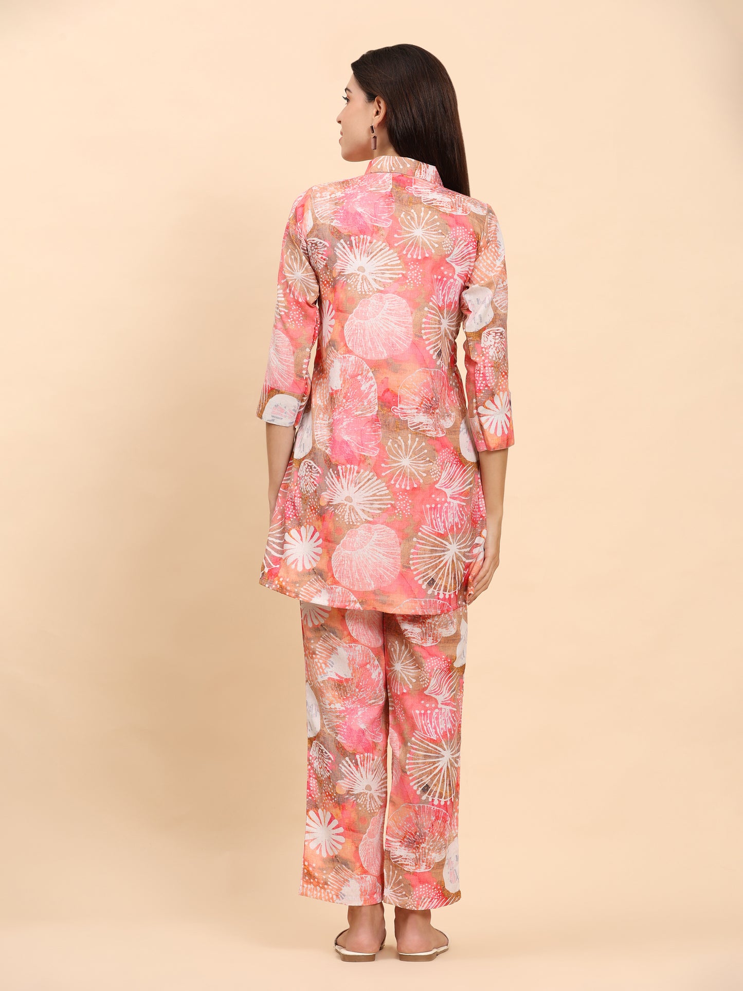 Noia Pink Multi Abstract Shirt Collared Top with Trousers